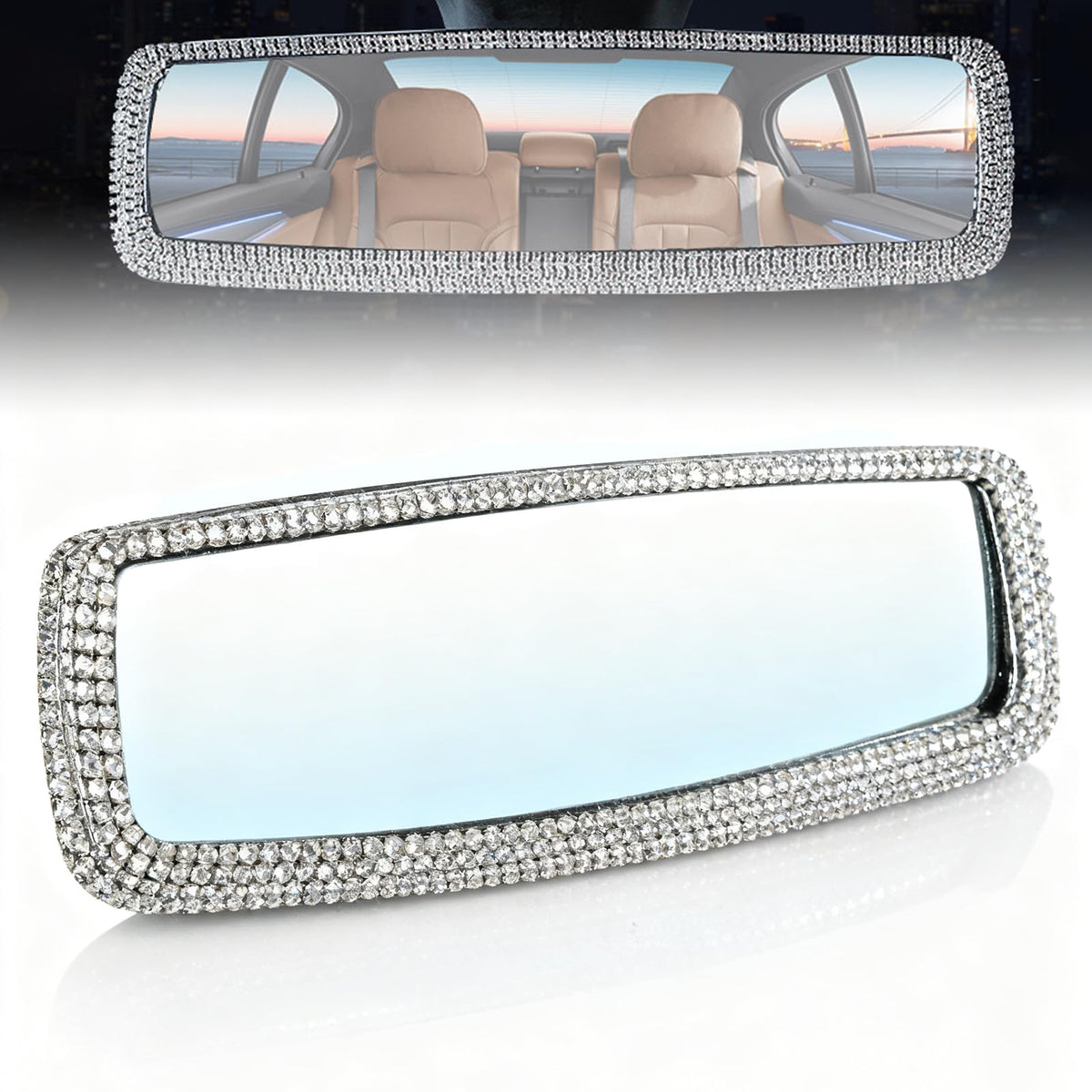 Bling Rhinestone Rearview Mirror, Clip-On Car Panoramic Rear - Product Imagery