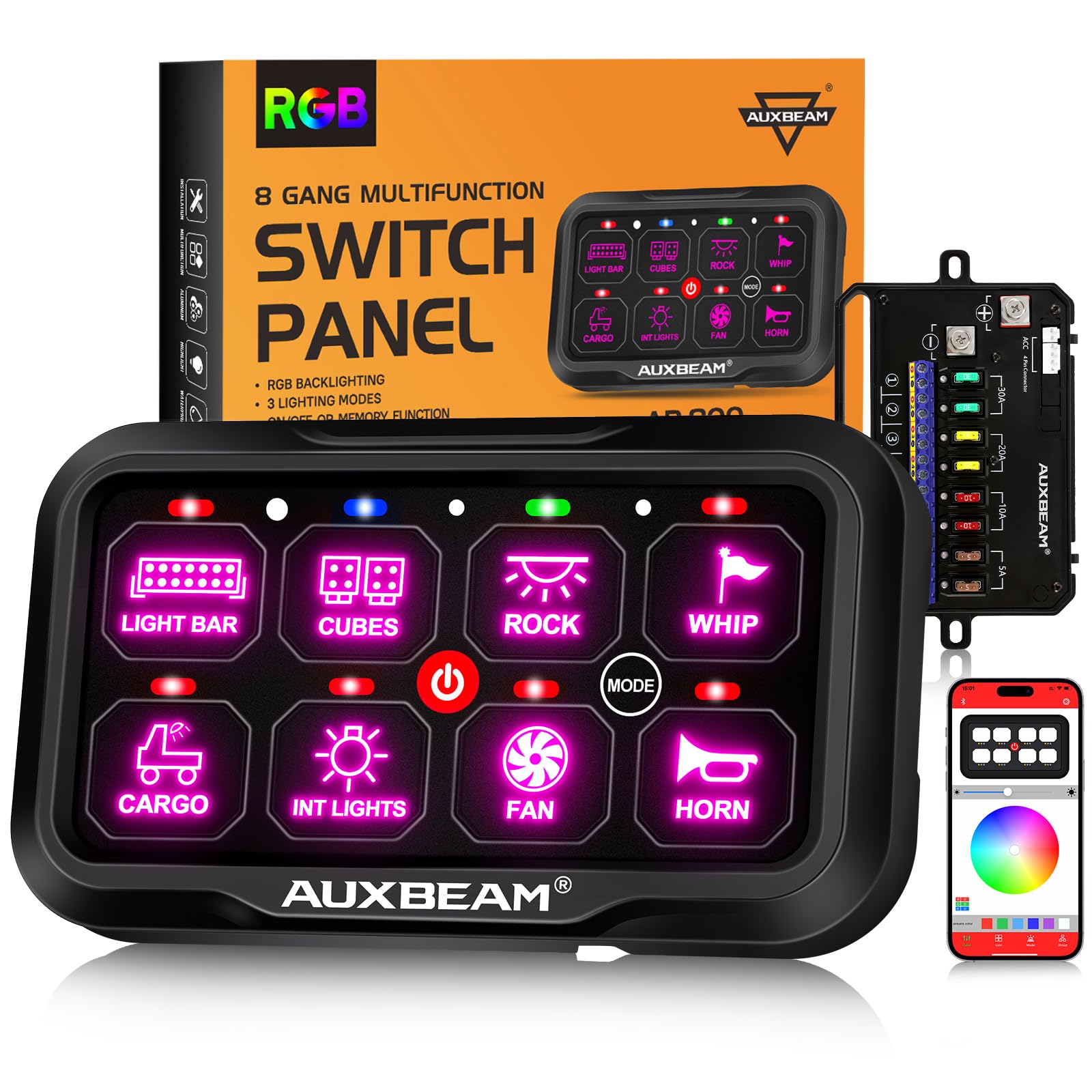 Auxbeam 8 Gang Switch Panel Bluetooth RGB AR-800 APP Circuit - Product Imagery