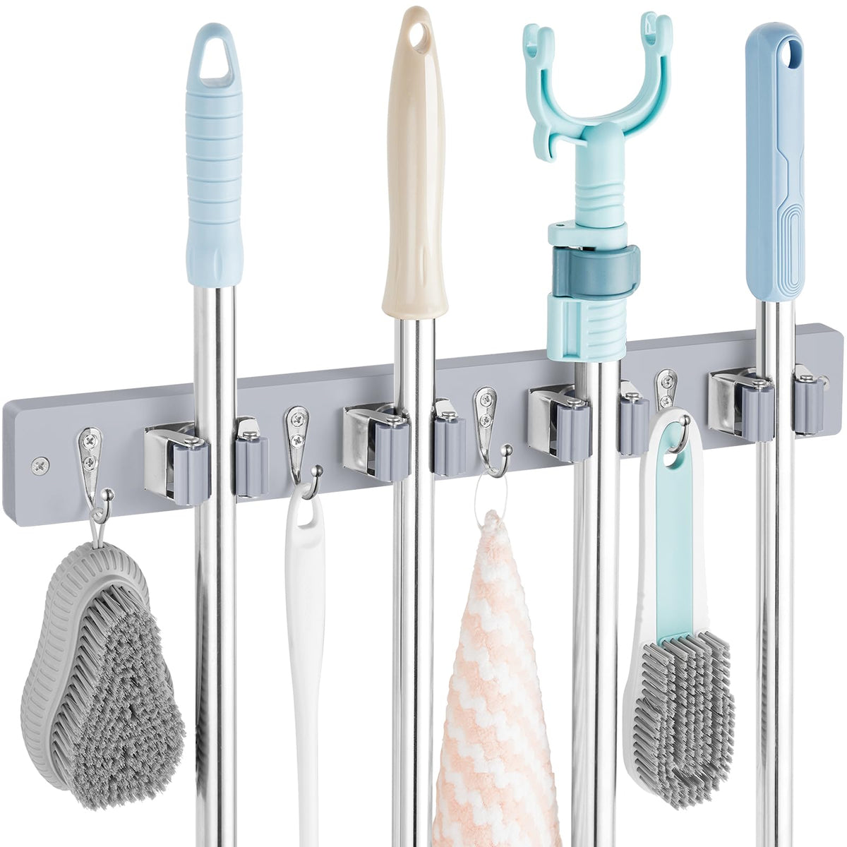 OUTNILI Gray Mop Broom Holder Wall Mount with 4 Slots & 4 Hooks - Product Imagery