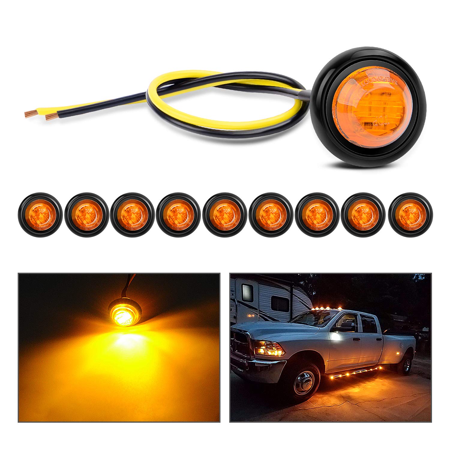 Nilight 3/4" Round LED Clearance Marker Lights, Amber, 10-Pack - Product Imagery