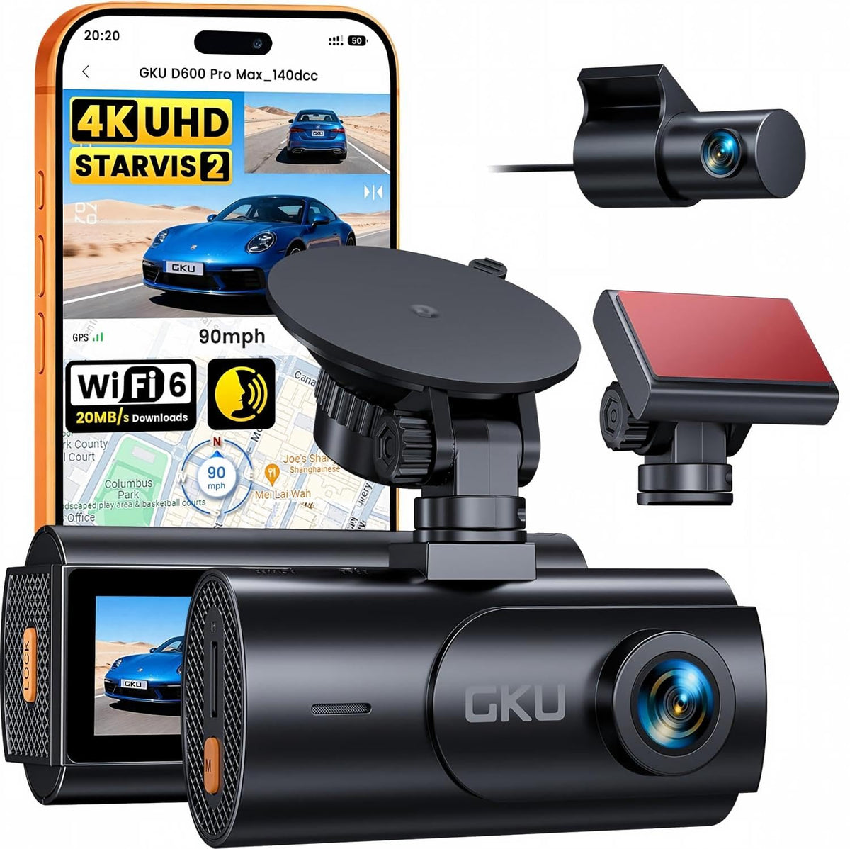 GKU 4K Dual Dash Cam Front and Rear Camera, STARVIS 2 Sensor - Product Imagery