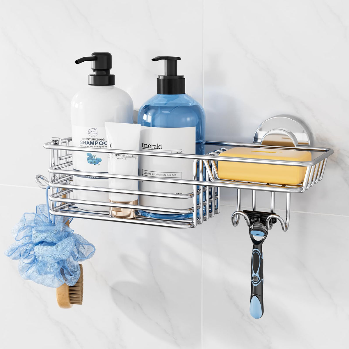 TAILI Shower Caddy Suction Cup with Hooks & Soap Holder, Silver - Product Imagery