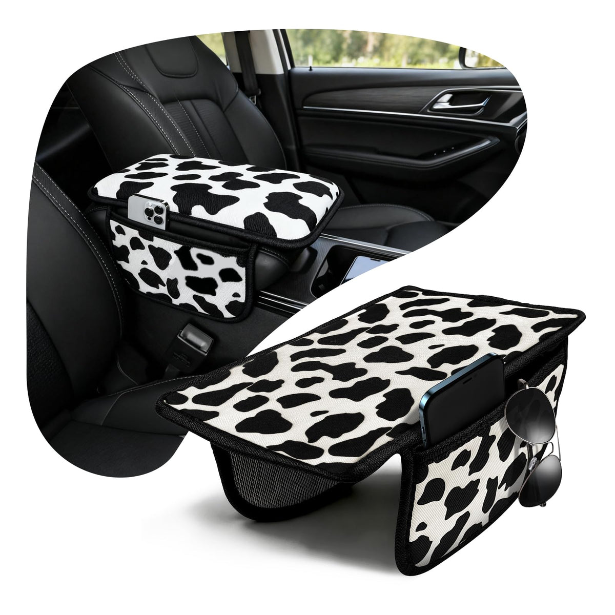 Cow Print Armrest Cover with 2 Side Pockets & Storage Bags, Cute - Product Imagery