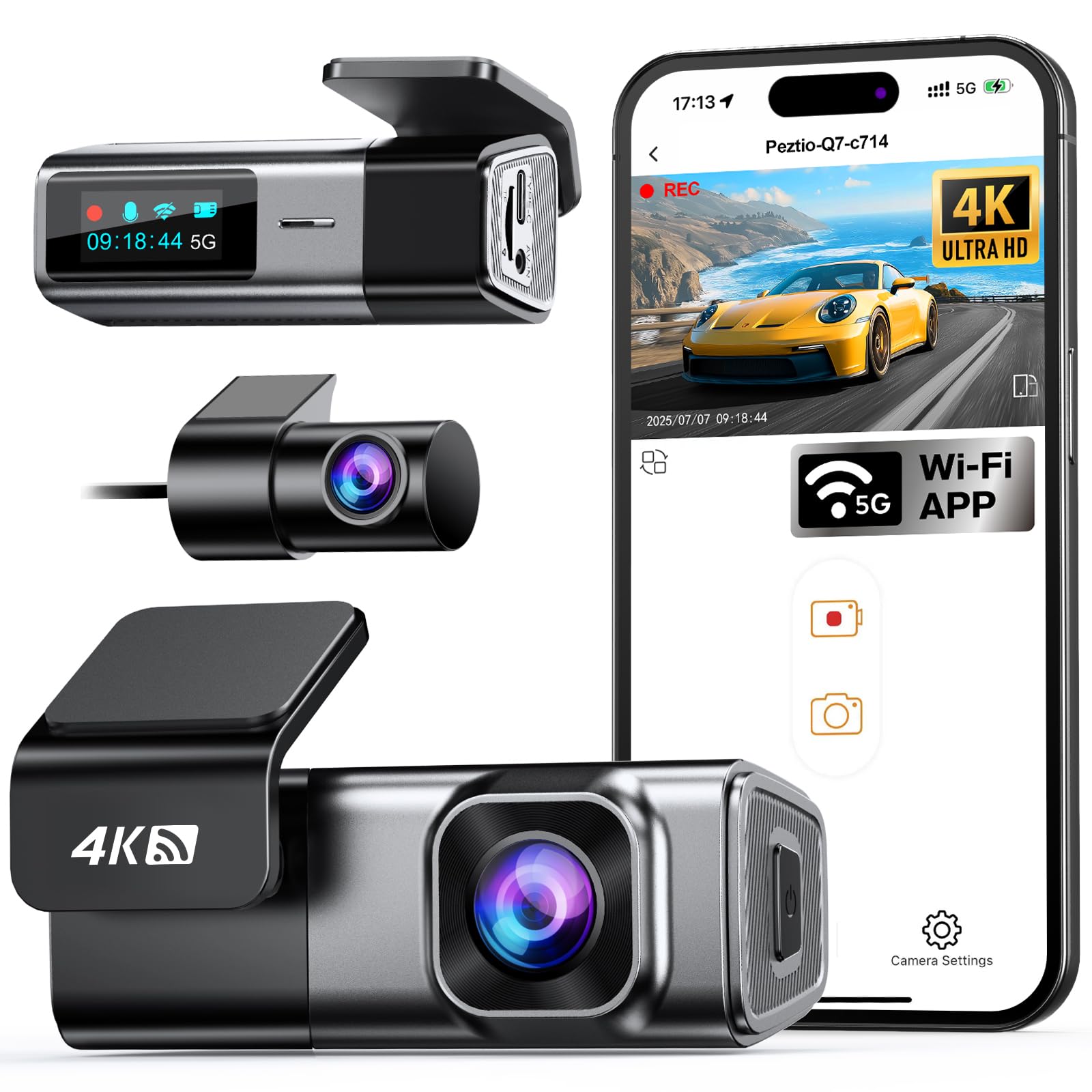 Navycrest 4K Dash Cam Front and Rear, Built-in 5G WiFi, Dash - Product Imagery