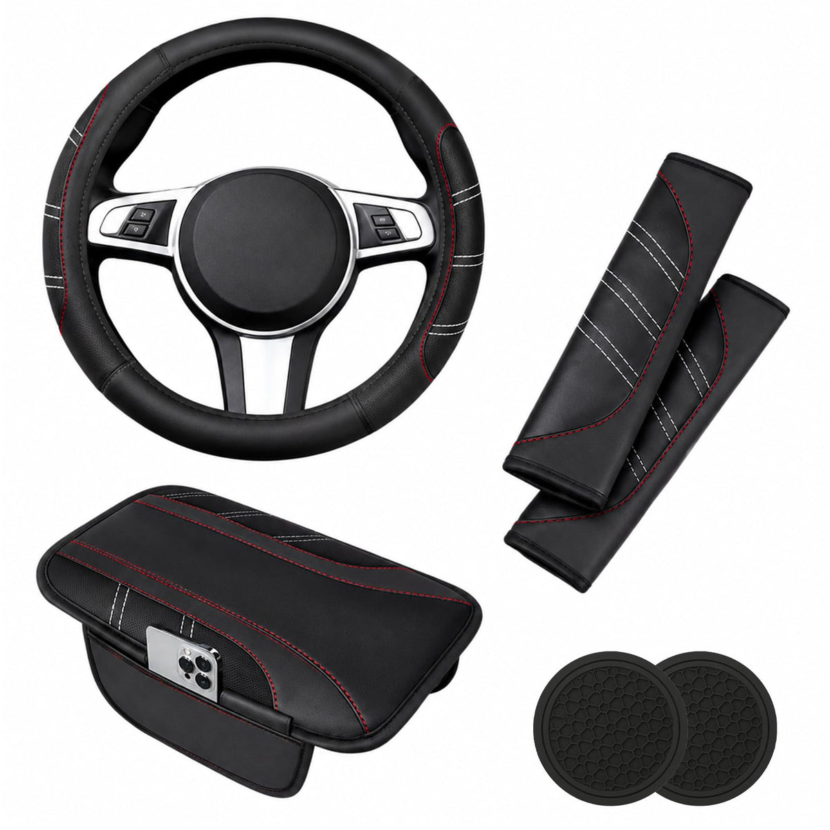 6 PCS Car Accessories Set, 14.5"-15" Leather Steering Wheel - Product Imagery