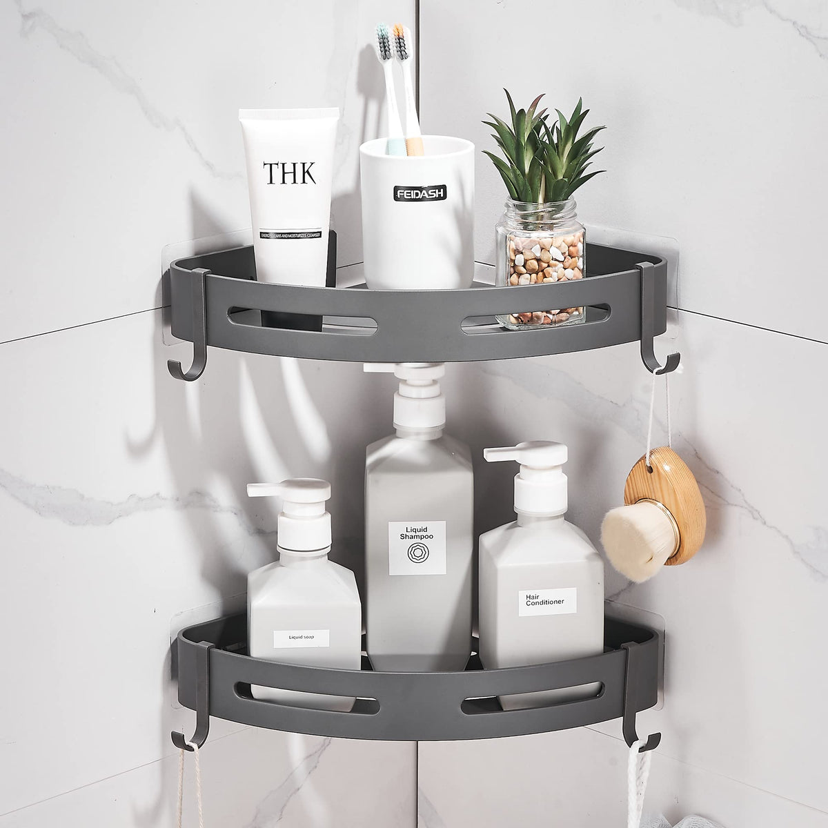 2-Tier Corner Shower Shelf, Dark Grey - Product Imagery