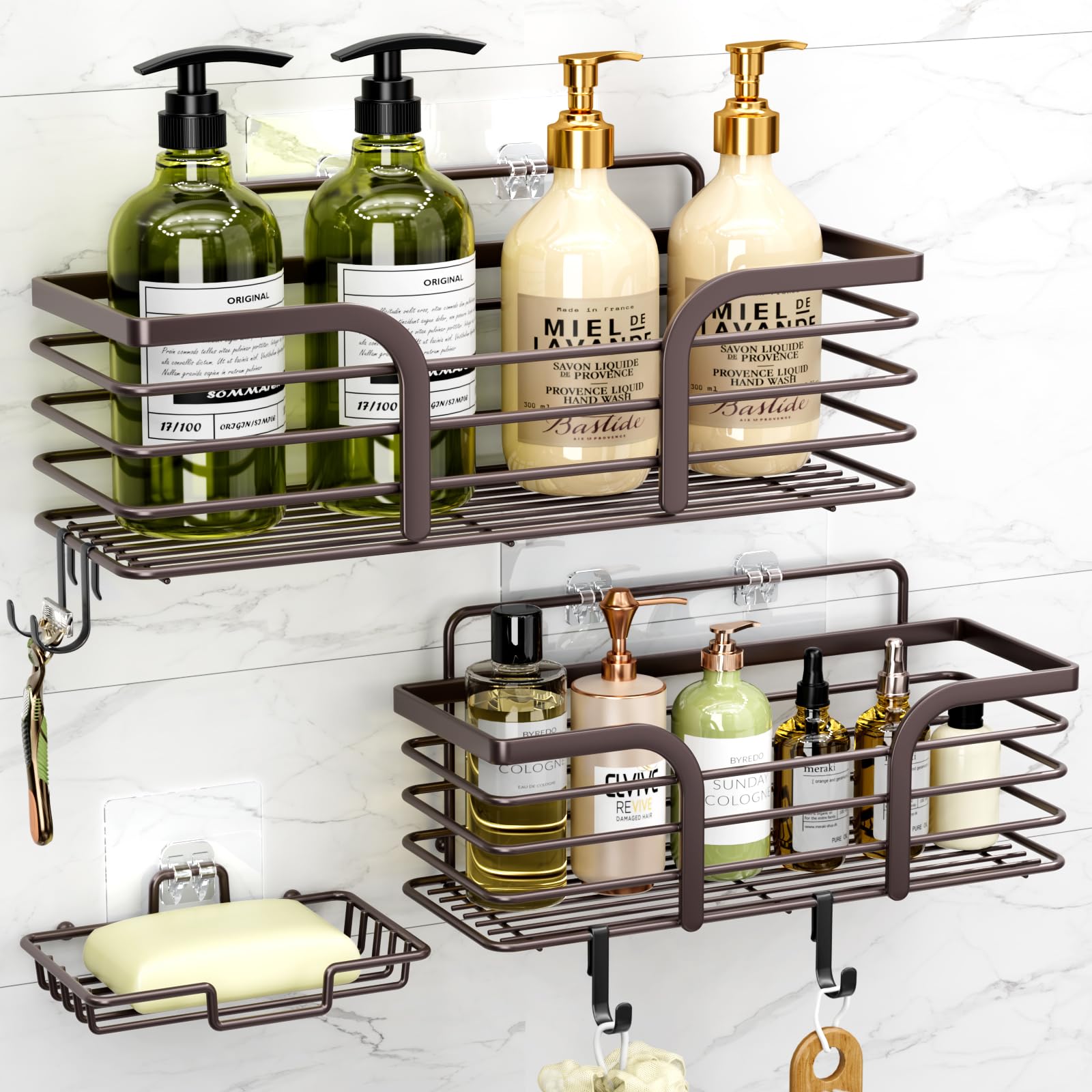 Yougai Shower Organizer with Soap Holder and Hooks, (Brown) - Product Imagery