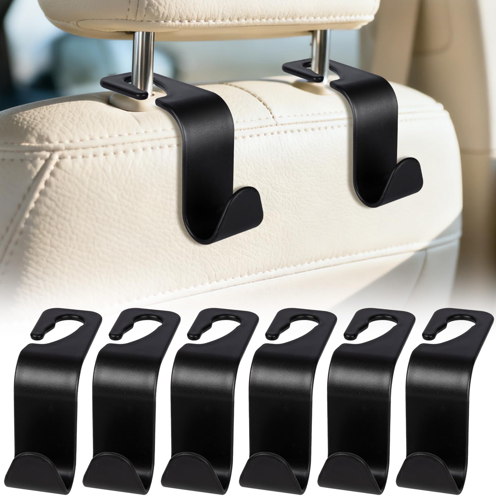 BFXM 6 Pack Car Seat Headrest Hooks,Car Accessories Black - Product Imagery