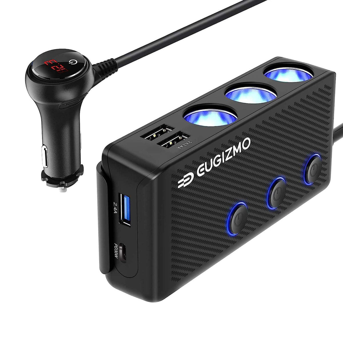 EUGIZMO 7 in 1 Cigarette Lighter Splitter,3 Socket 200W Car - Product Imagery