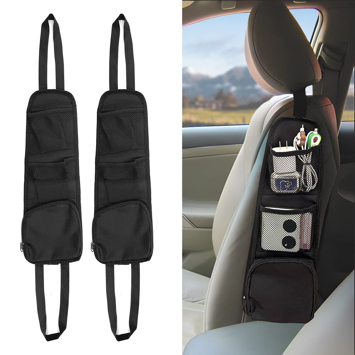 QUICTO 2PCS Car Seat Storage Hanging Bag, Multi-Pocket Seat Side - Product Imagery