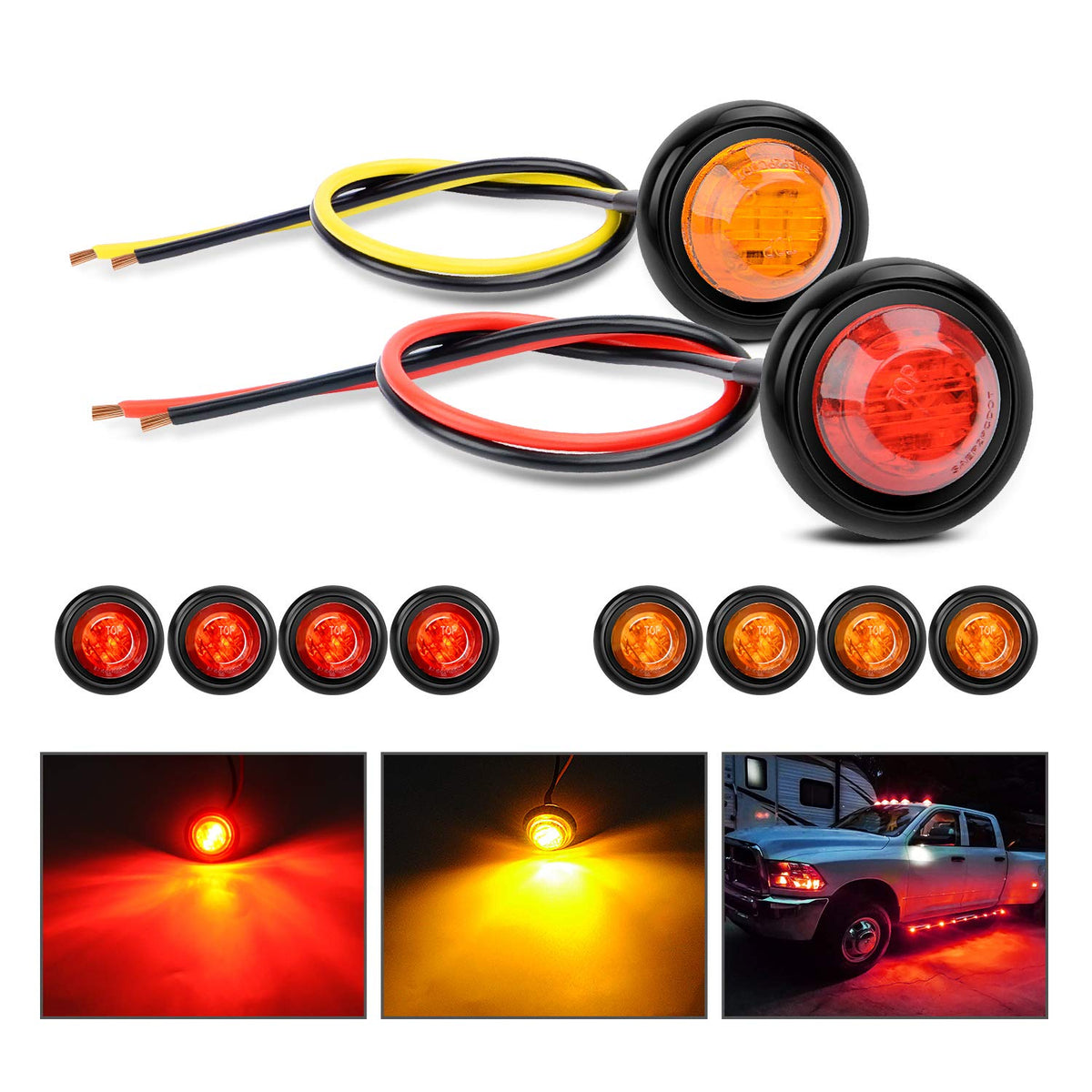 Nilight 3/4" Round LED Clearance Marker Lights, Red & Amber, - Product Imagery