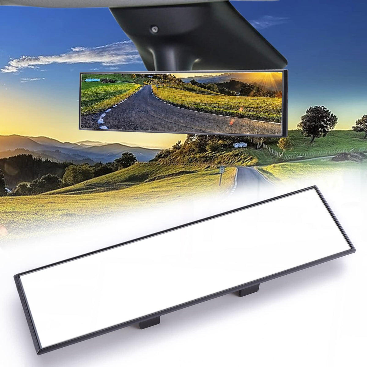 Clip-On Rearview Mirror, 12"x3" Flat Wide-Angle Interior Mirror - Product Imagery