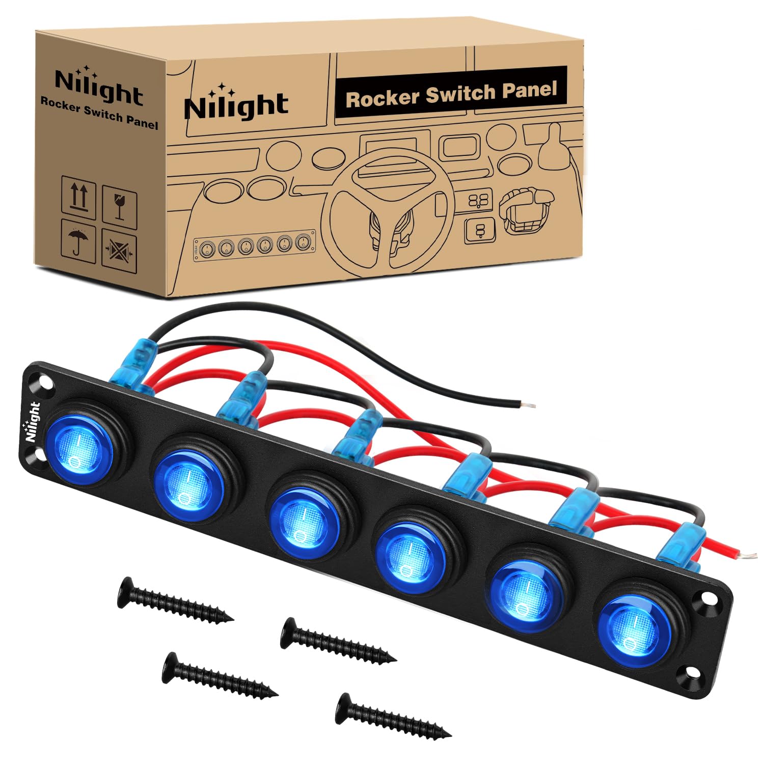 Nilight 6 Gang Rocker Switch Panel IP67 Waterproof 12V/24V - Product Imagery
