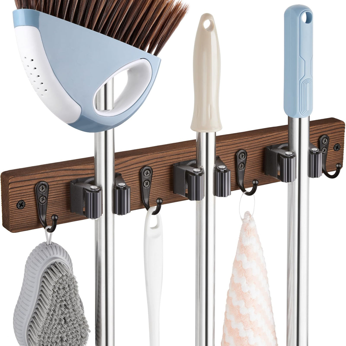 OUTNILI Mop Broom Holder Wall Mount with 3 Slots & 4 Hooks - - Product Imagery