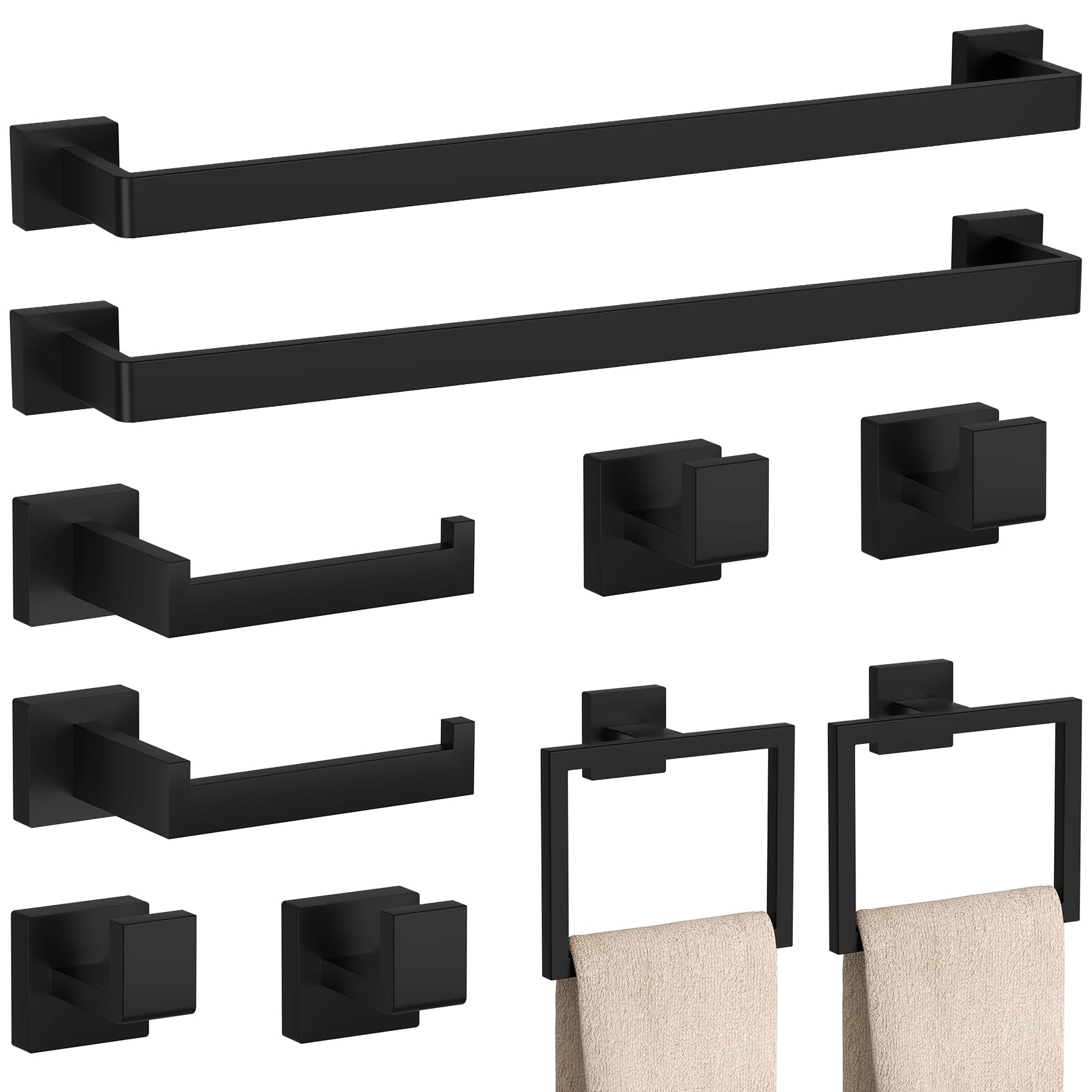 10-Pieces Matte Black Bathroom Accessories Set 23.6 Inch Towel - Product Imagery