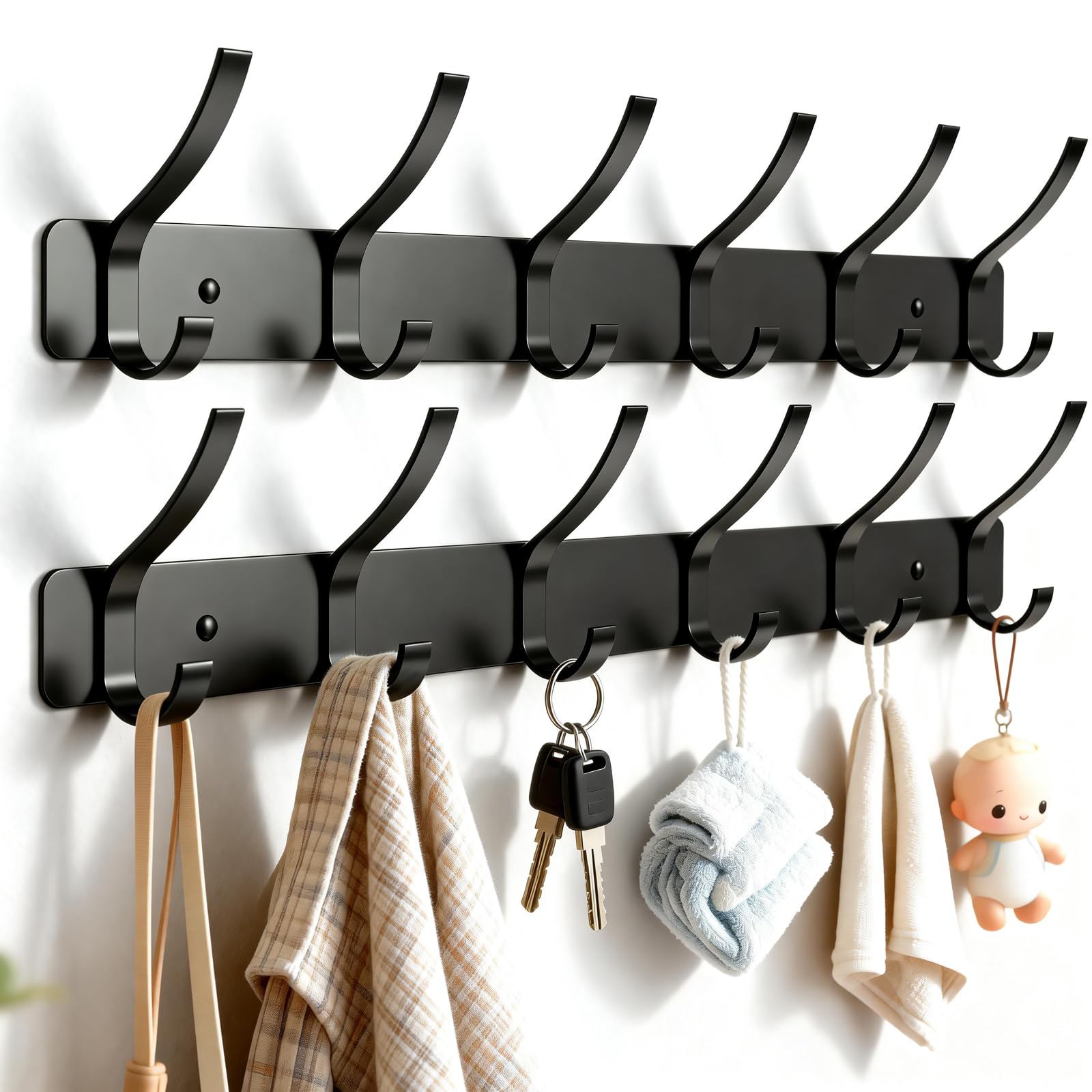 Wall Mounted Coat Rack, 6 Hooks for Hanging Clothes, Black, - Product Imagery