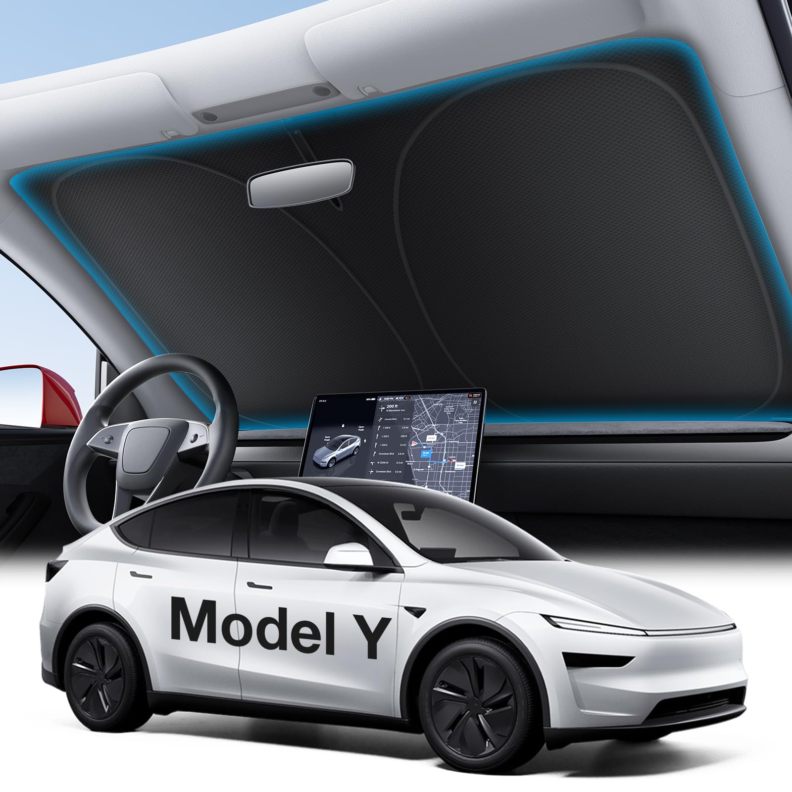 Wigoo for Tesla Model Y/YL 2020-2026 Windshield Sunshade, Keeps - Product Imagery