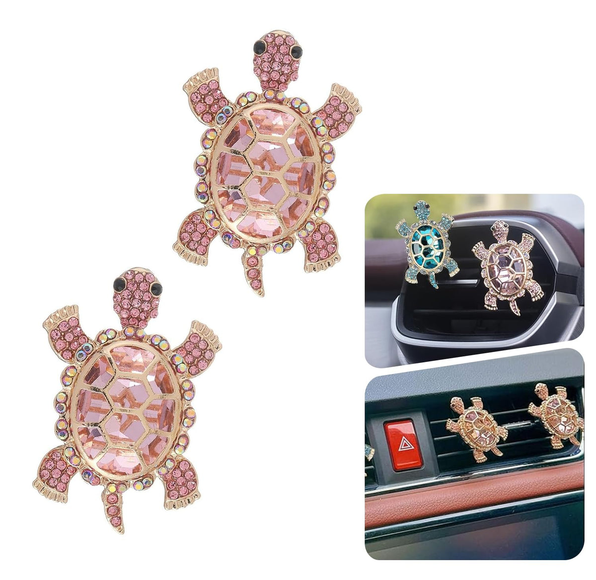 2 PCS Bling Turtle Car Air Vent Clip, Rhinestone-Embellished AC - Product Imagery