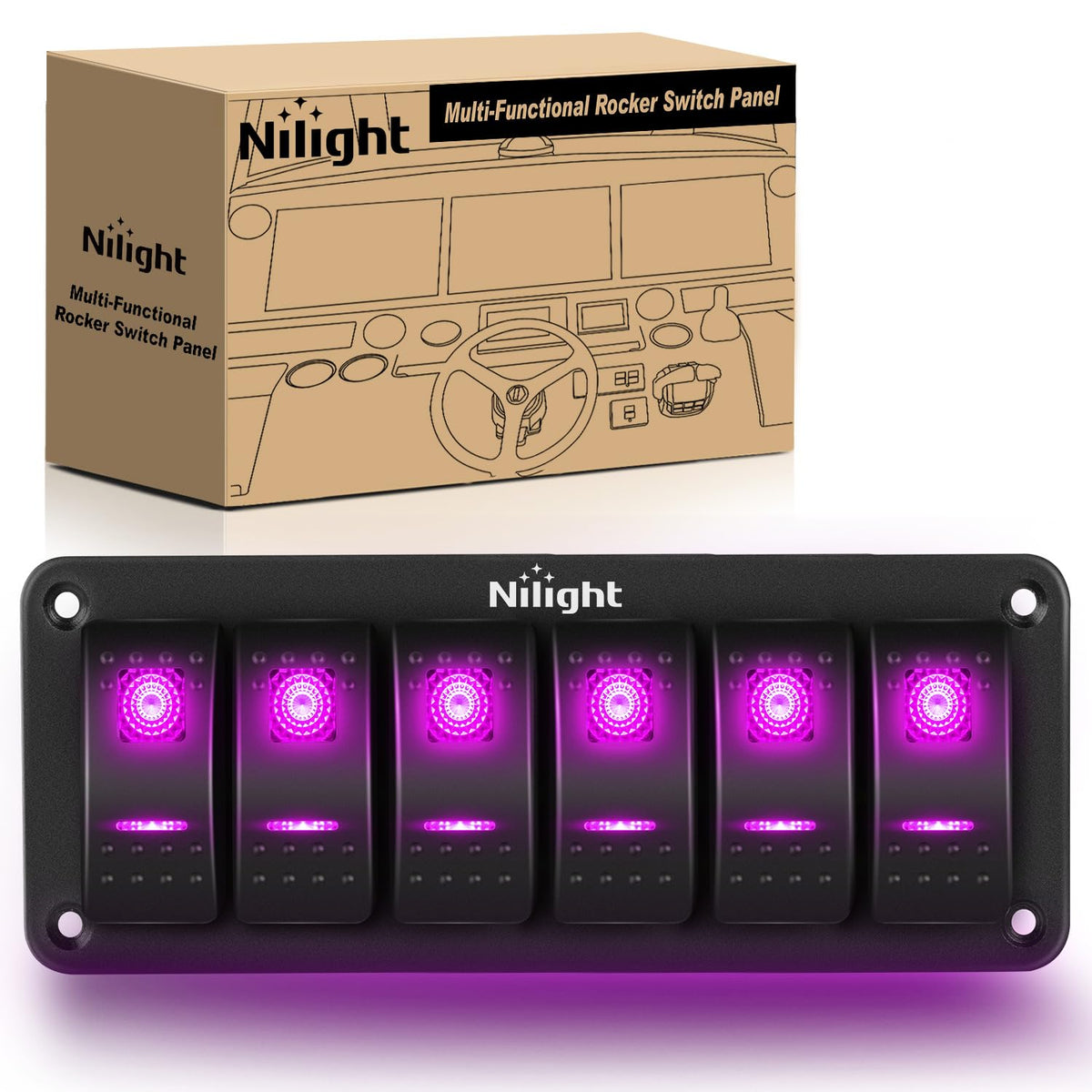 Nilight 6 Gang Rocker Switch Panel w/Purple LED Light 5Pin On - Product Imagery