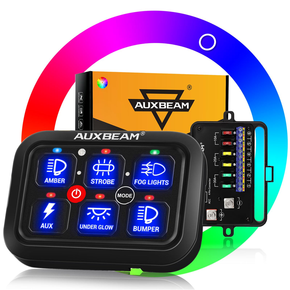 Auxbeam RA60 RGB 6 Gang Switch Panel w/Toggle Momentary Pulsed, - Product Imagery