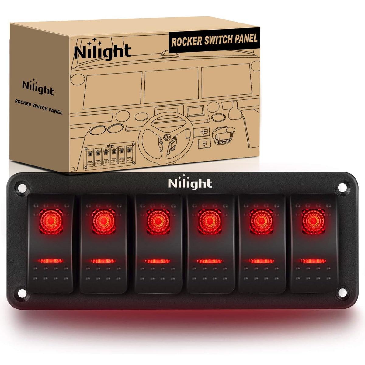 Nilight 6 Gang Rocker Switch Panel SPST On Off 5PIN Electrical - Product Imagery