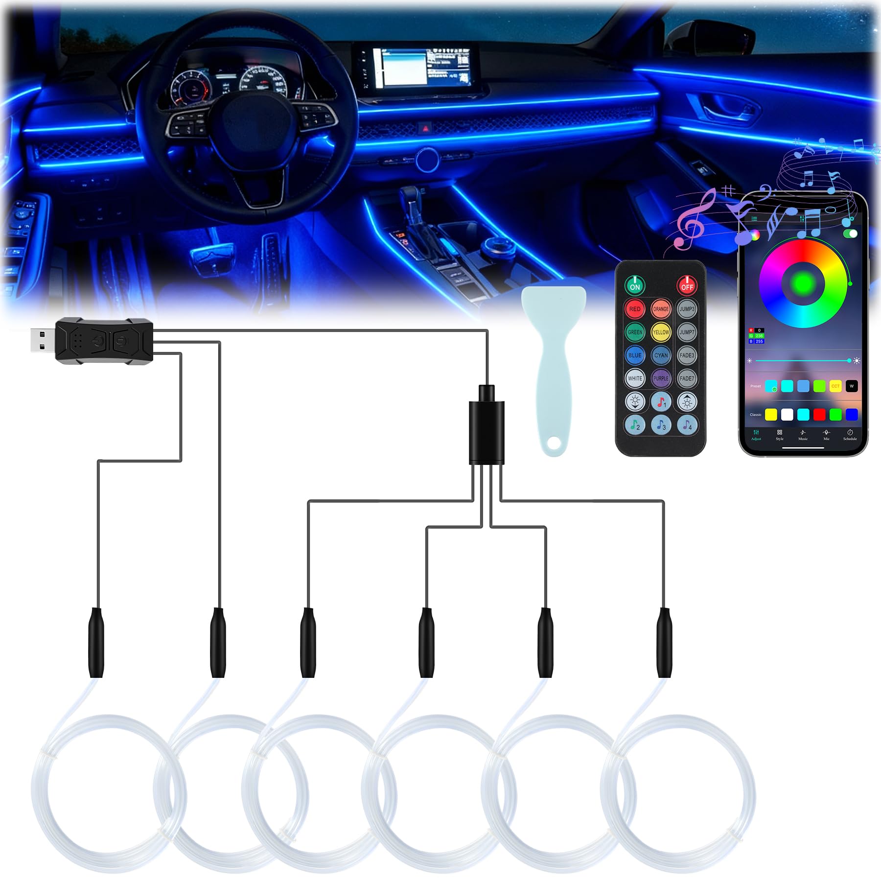 LivTee Smart Car LED Interior Lights with USB Port, LED Strip - Product Imagery