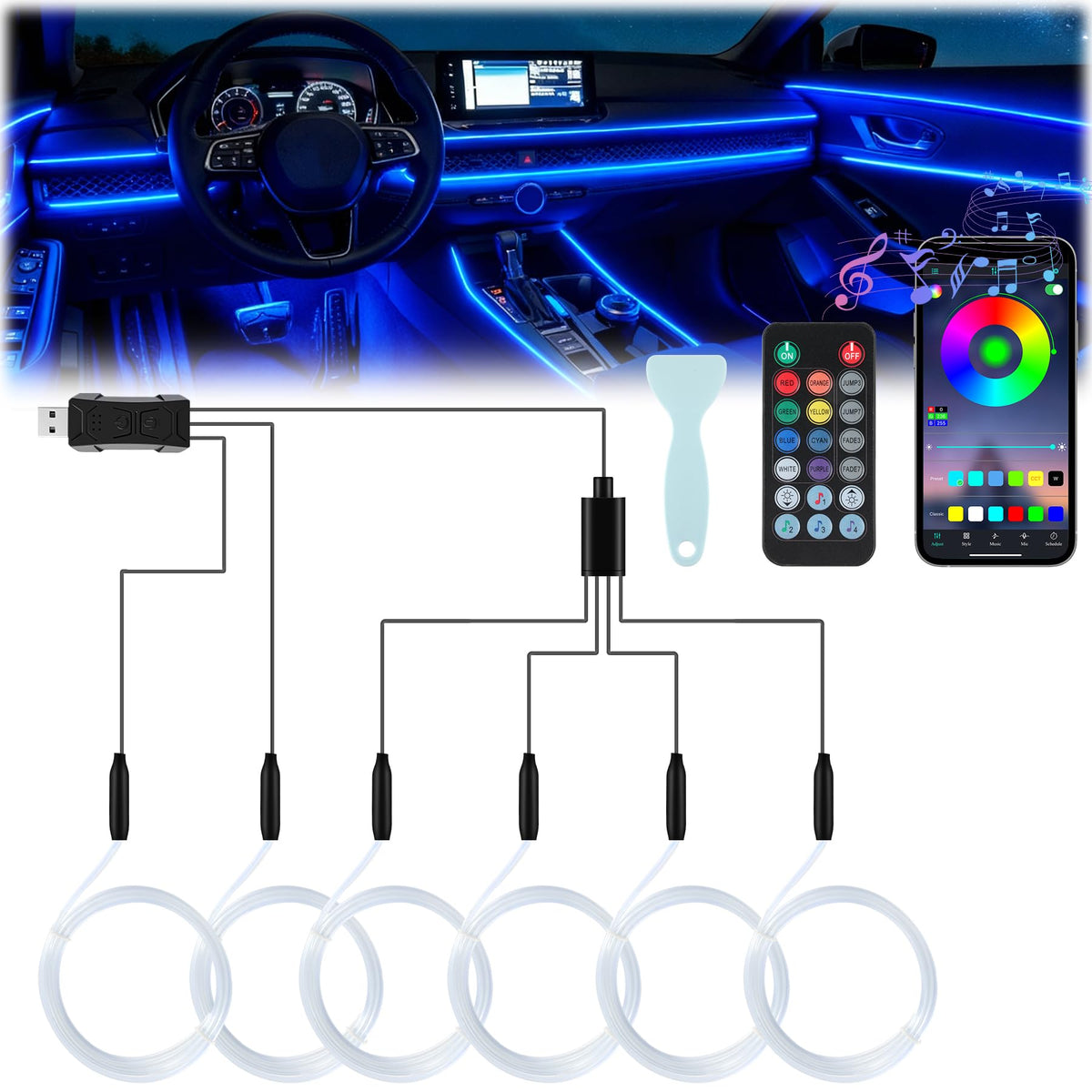 LivTee Smart Car LED Interior Lights with USB Port, LED Strip - Product Imagery