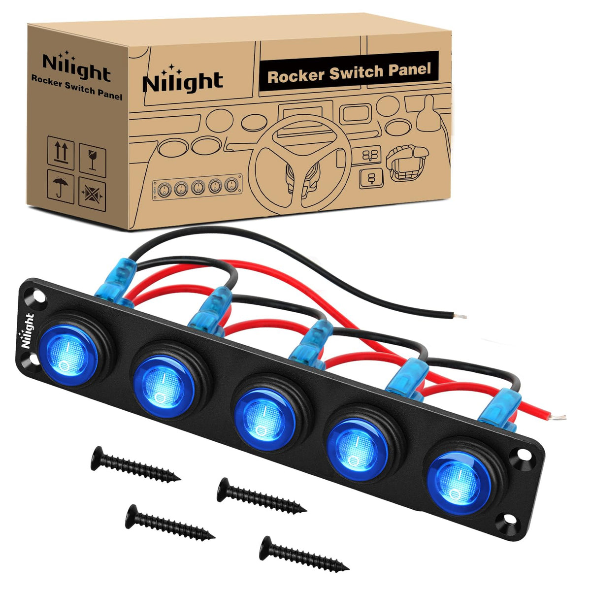 Nilight 5 Gang Rocker Switch Panel IP67 Waterproof 12V/24V - Product Imagery