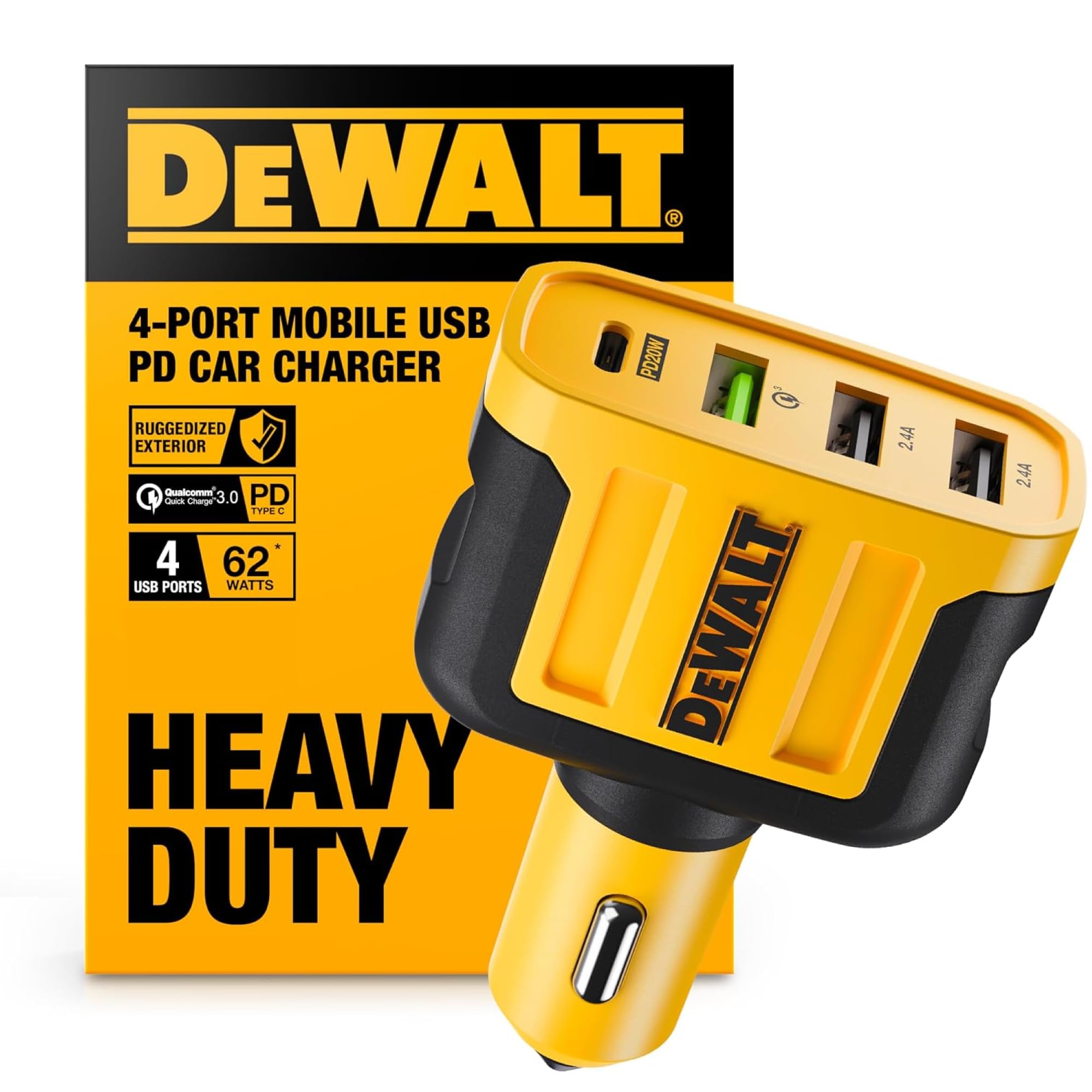 DEWALT Heavy Duty 4 Port USB C Car Charger Multiport, Fast 60W - Product Imagery