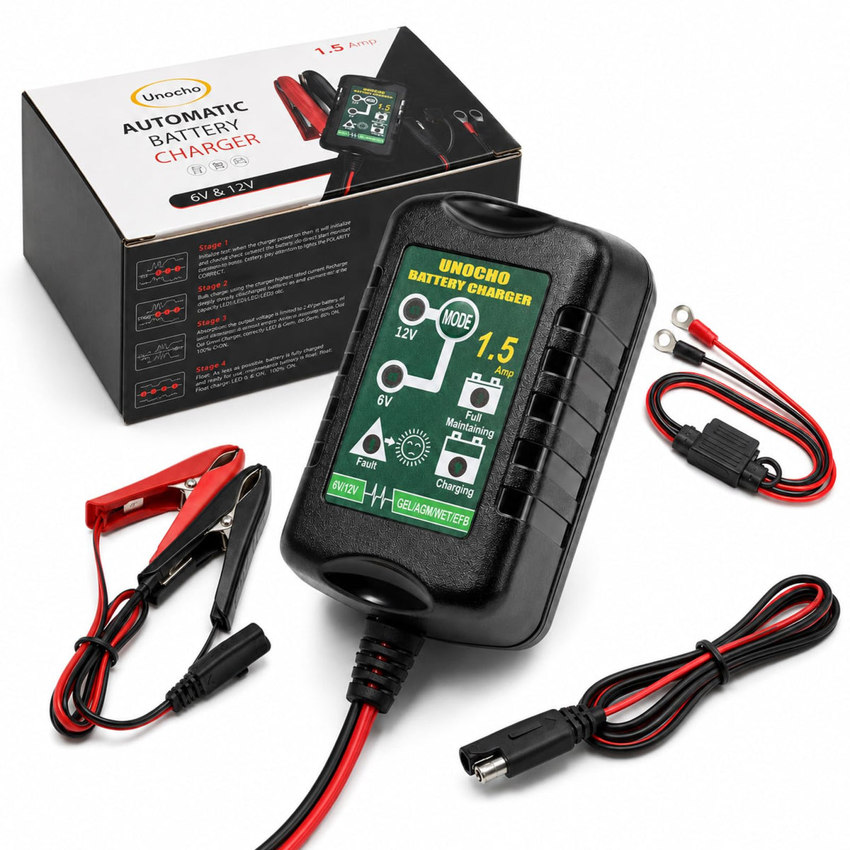 Unocho 6V/12V Battery Charger Maintainer 1.5A Automatic Trickle - Product Imagery
