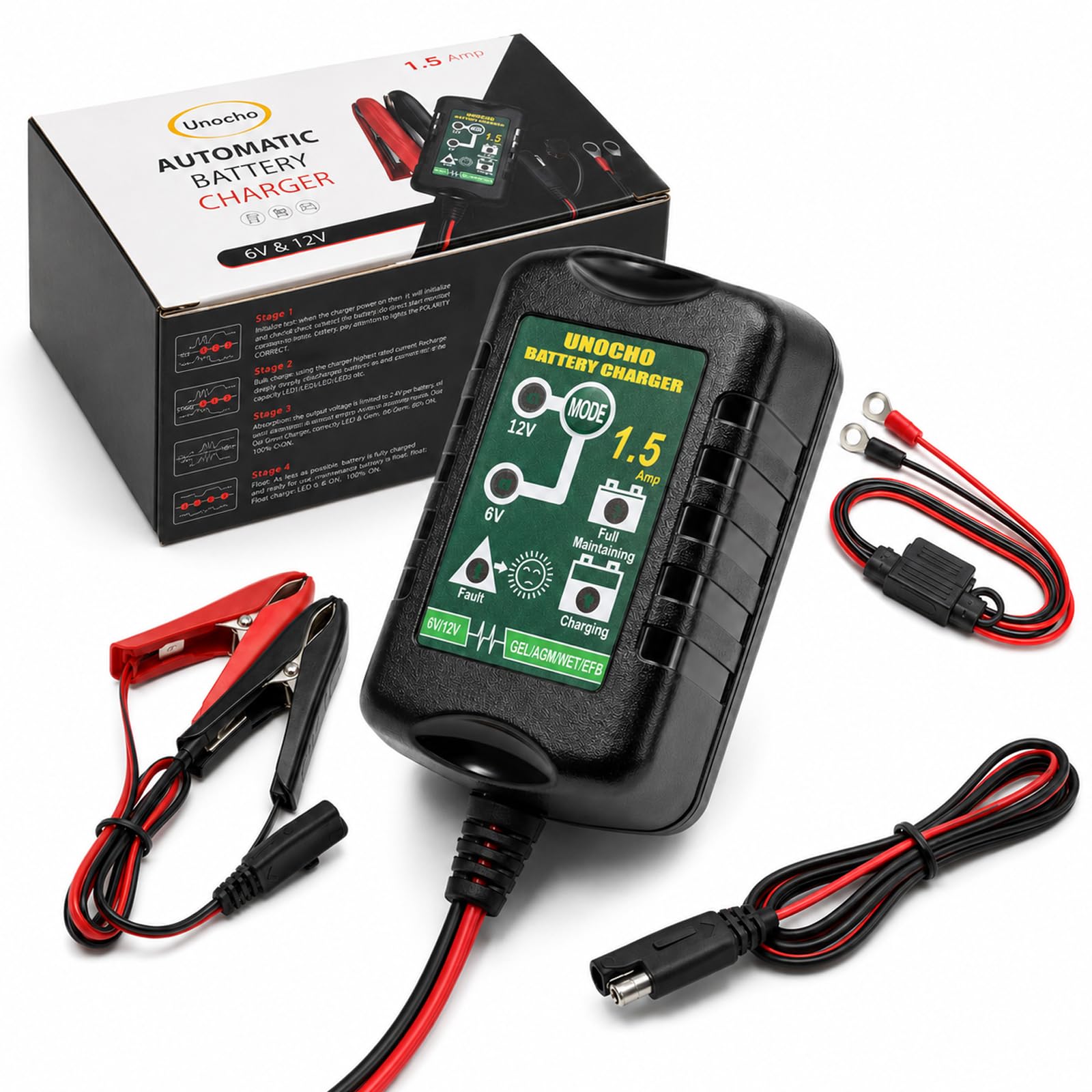 Unocho 6V/12V Battery Charger Maintainer 1.5A Automatic Trickle - Product Imagery