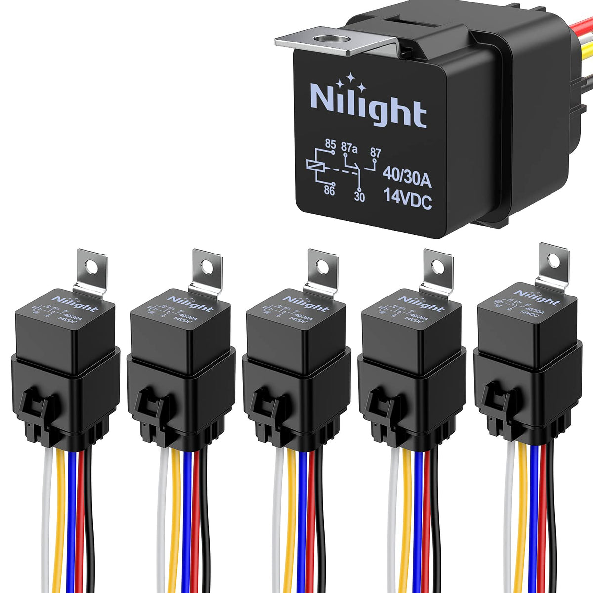 Nilight 5 Pack Waterproof Relay and Socket Harness 40/30 AMP - Product Imagery
