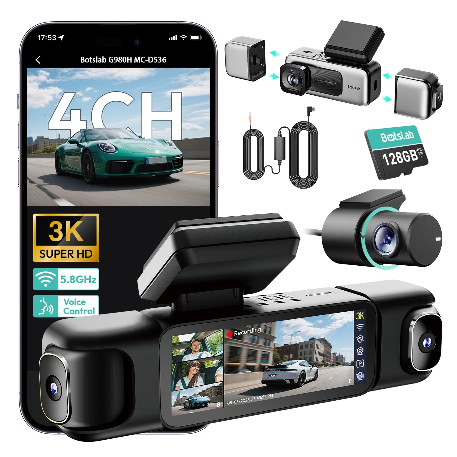 BOTSLAB 4 Channel 360° Dash Cam with Hardwire Kit, 128GB - Product Imagery
