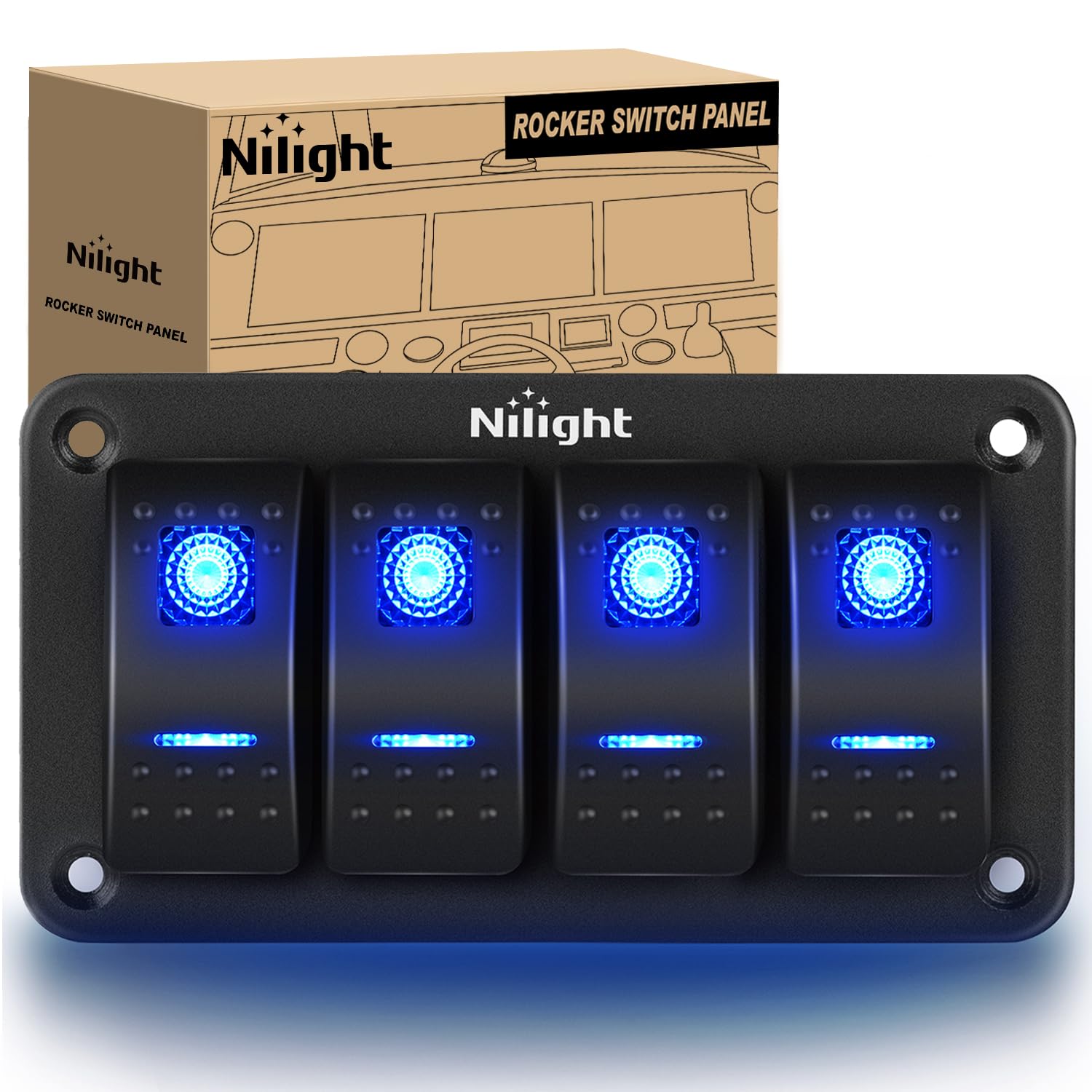 Nilight - 90109D 4 Gang Aluminum Rocker Switch Panel Toggle Dash - Product Imagery
