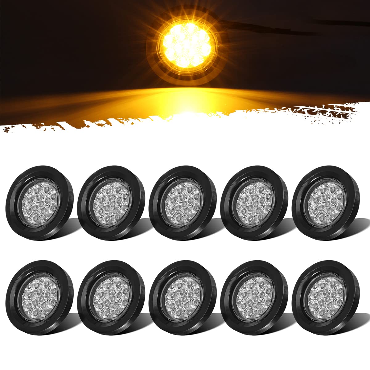 Partsam 10Pcs 2.5" Round Amber 13 LED Side Marker Clearance - Product Imagery