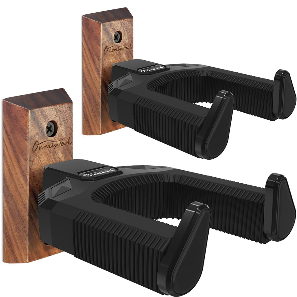 Onmiwod Guitar Wall Mount 2 Pack, Auto Lock Walnut Wood Guitar - Product Imagery