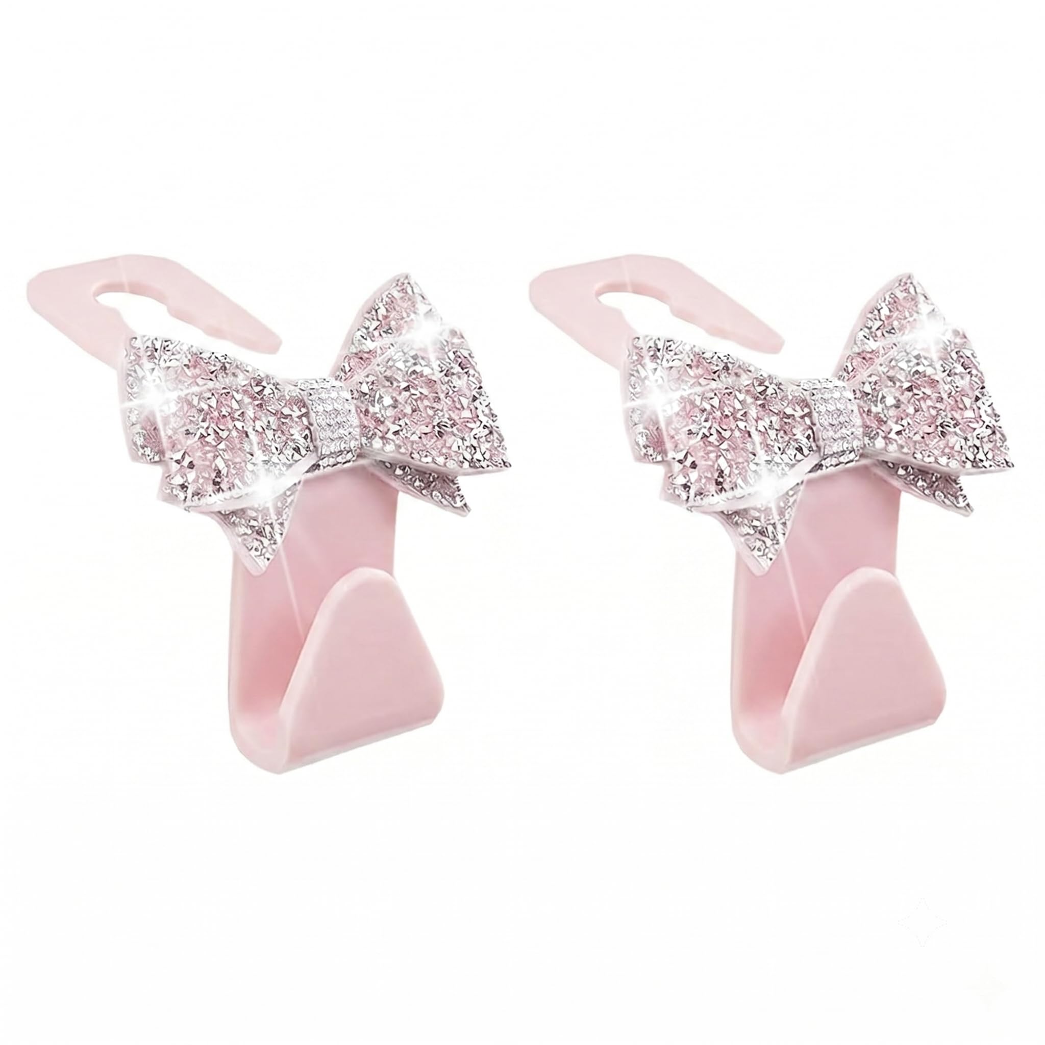 2 PCS Bling Car Seat Headrest Hooks, Rhinestone 3D Bow Hanging - Product Imagery