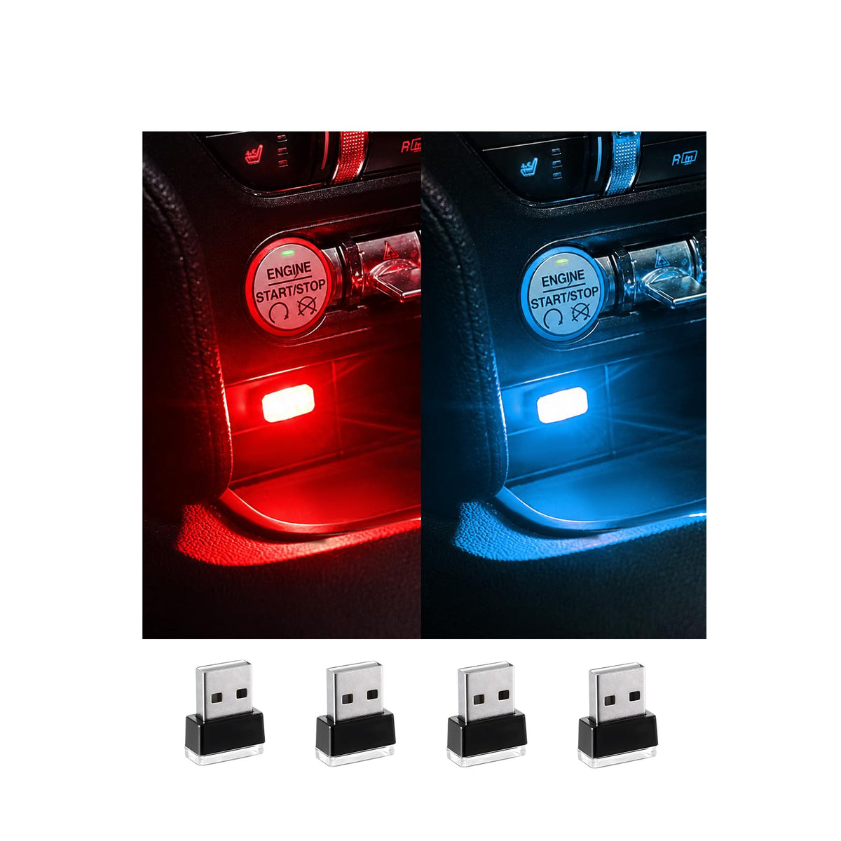 Augeny 4 PCS USB LED Car Interior Atmosphere Lamp, Plug-in USB - Product Imagery