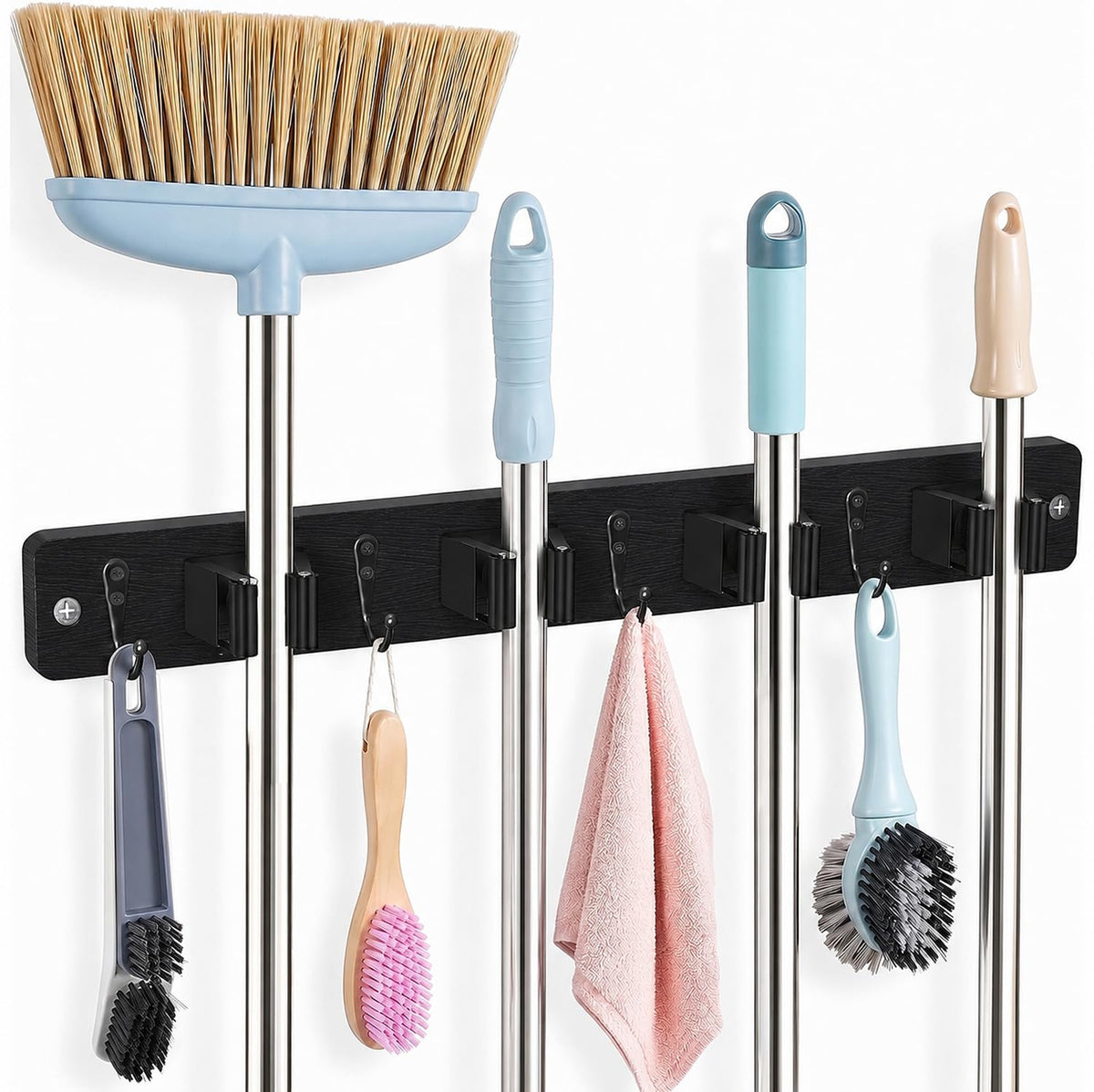 AceMining Black Broom Holder Wall Mount, 4 Holders 4 Hooks Mop - Product Imagery