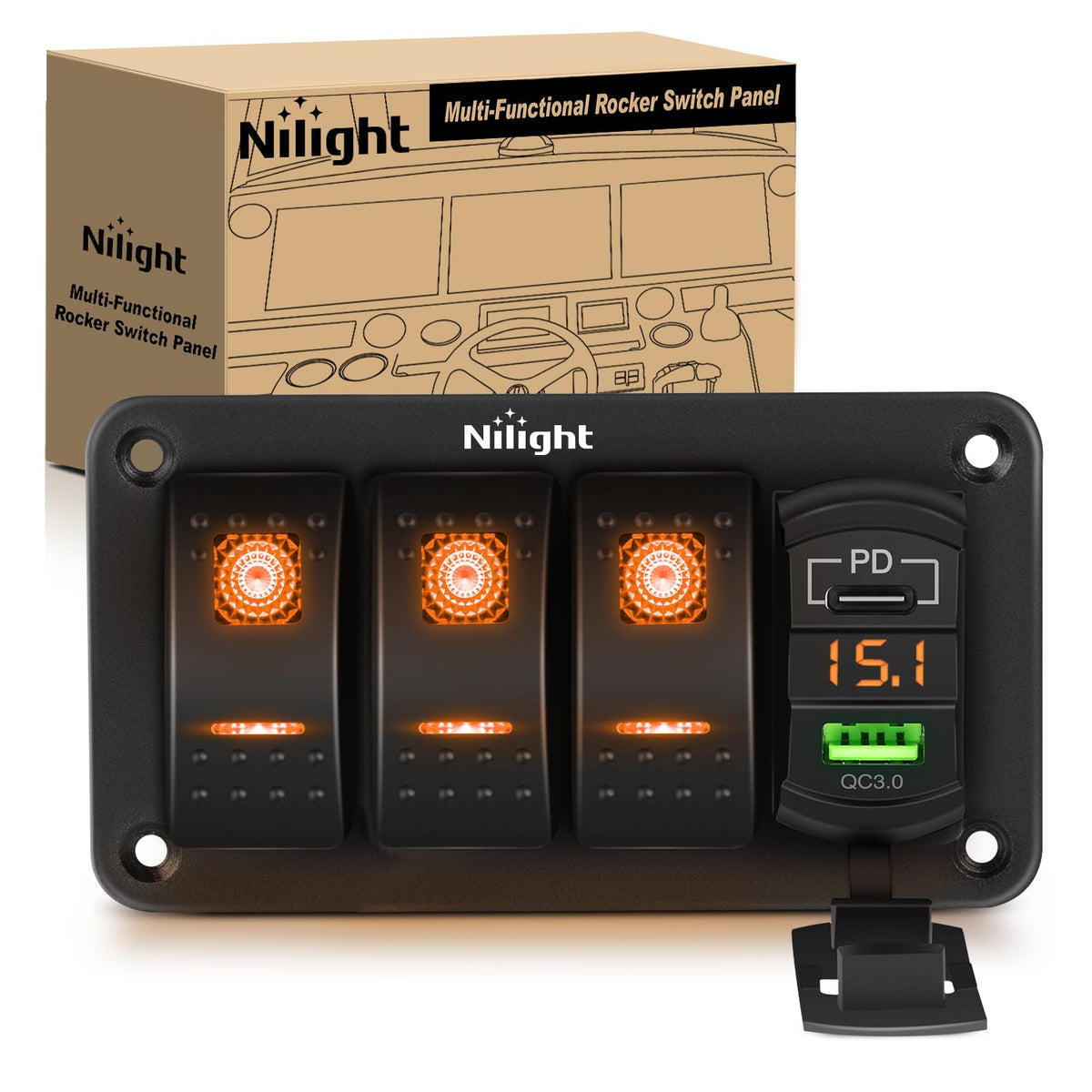 Nilight 3 Gang Rocker Switch Panel with PD Type C and USB - Product Imagery