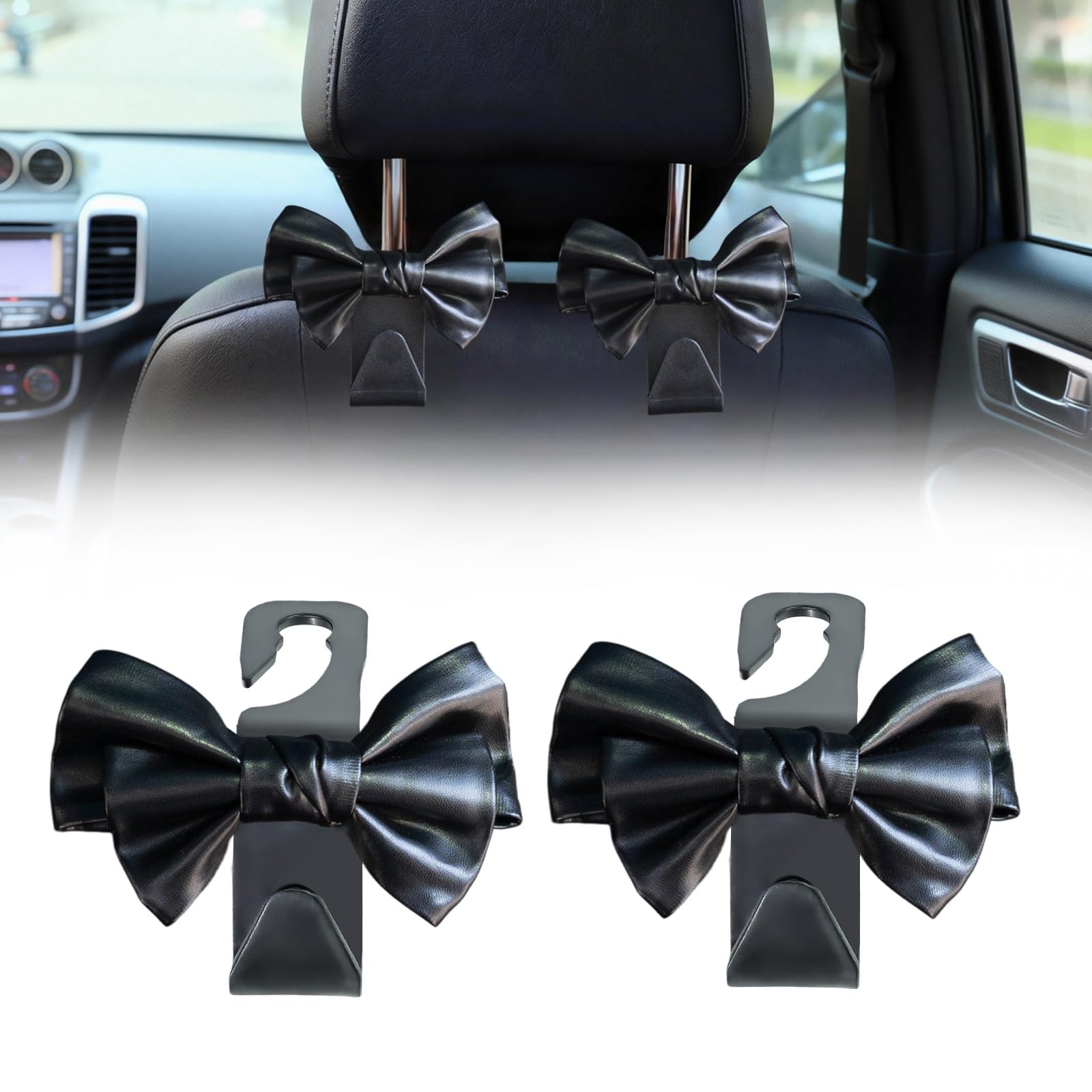 2 PCS Car Seat Headrest Hooks, Cute Bow Purse Hook Hanger for - Product Imagery