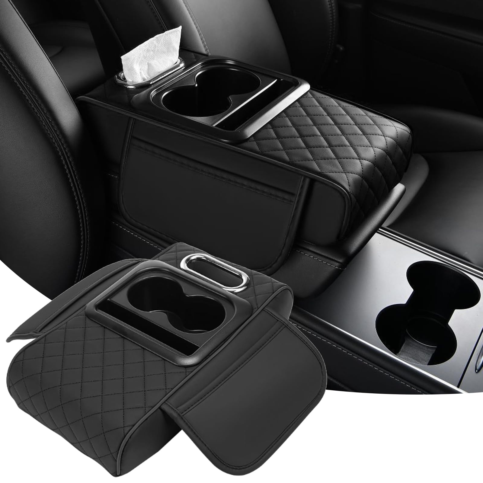 Car Armrest Cushion, 5 in 1 Center Console Cover with 2 Cup - Product Imagery