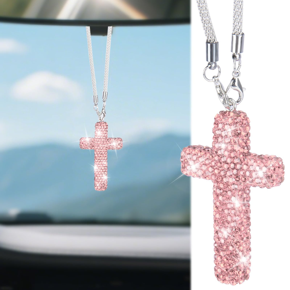 BFXM Cross for Car Mirror Hanging, Pink Bling Cars Pendant Charm - Product Imagery