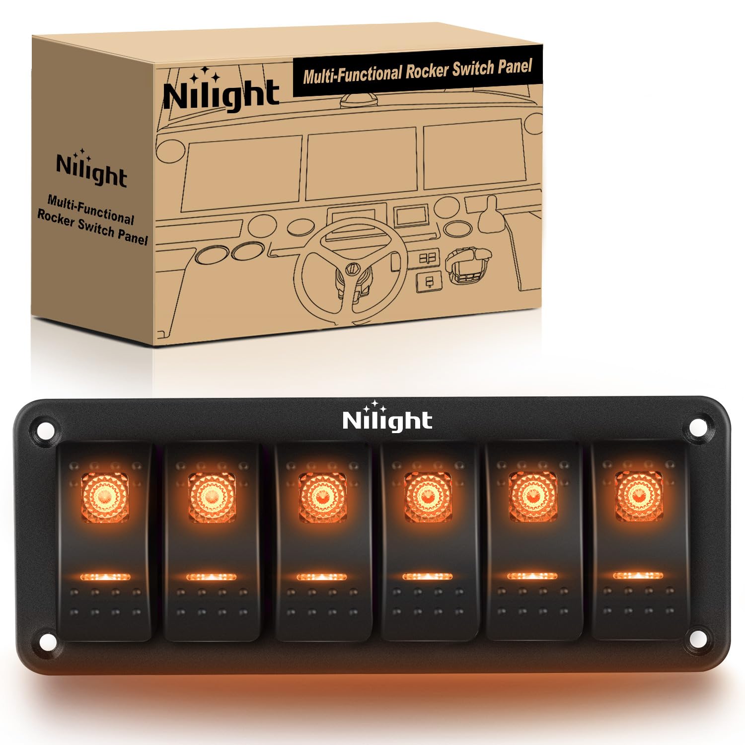 Nilight 6 Gang Rocker Switch Panel w/Orange LED Light 5Pin ON - Product Imagery