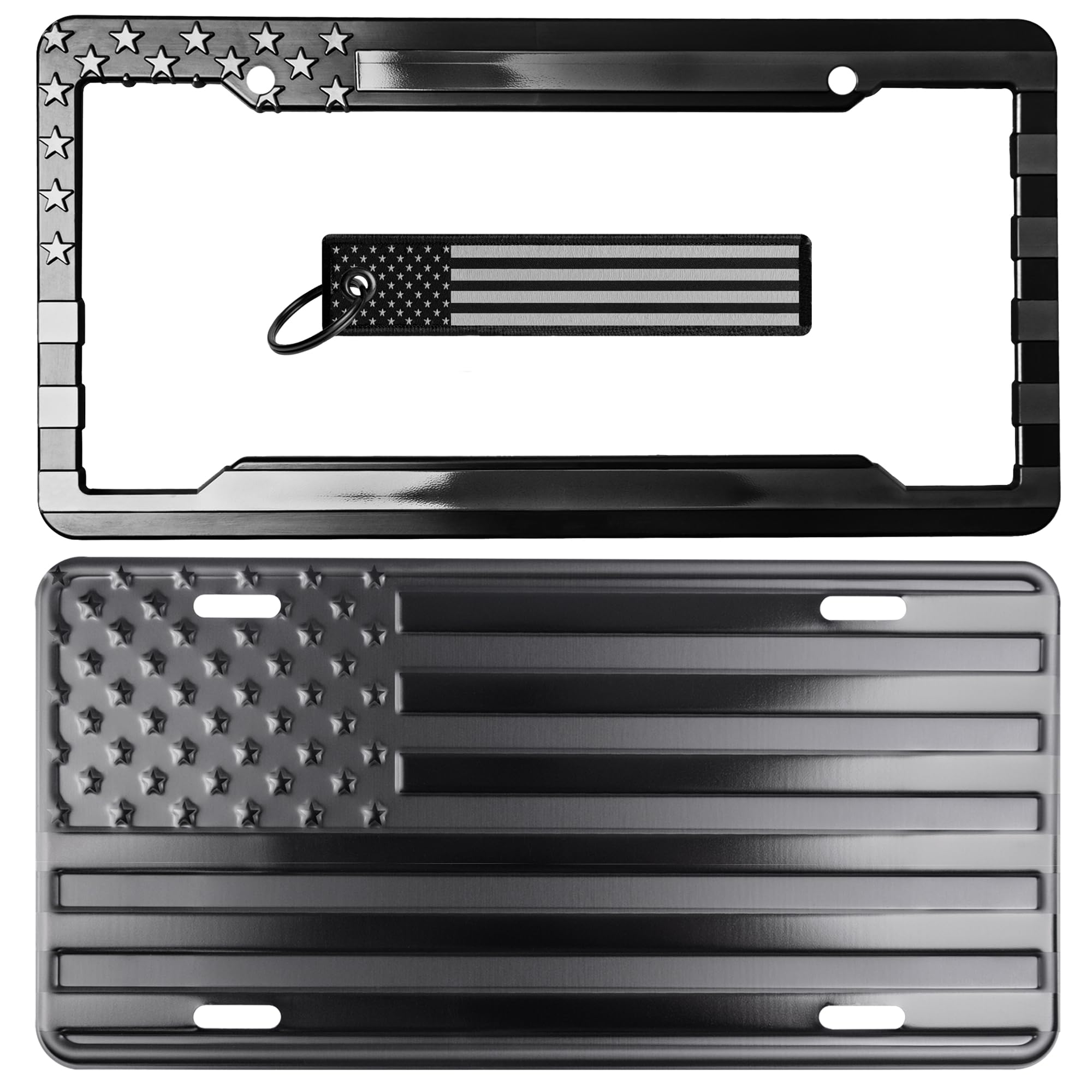 American Flag License Plate, Frame, and Key Tag Combo - Product Imagery