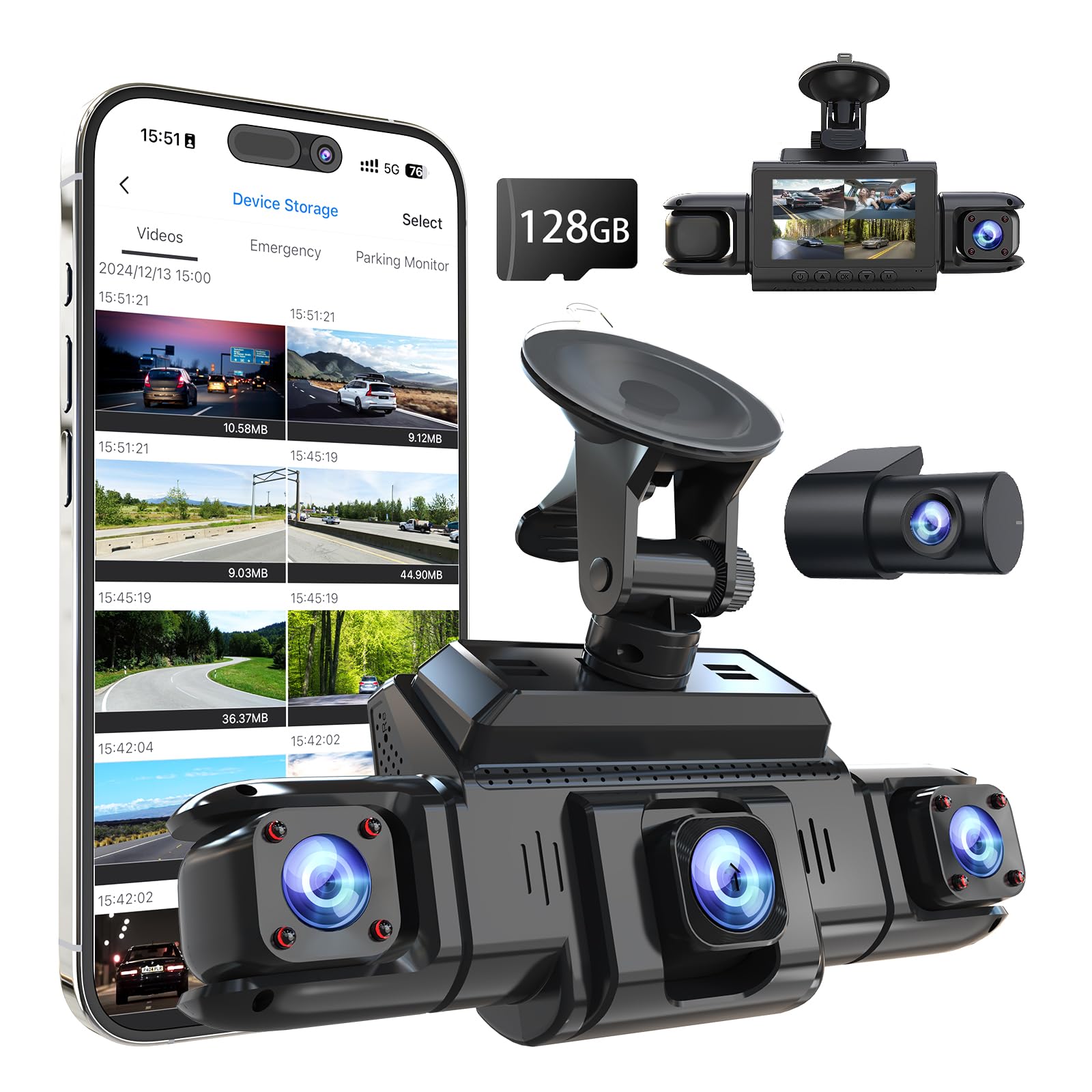 360 View 4 Channel Dash Cam Front and Rear Left Right Inside - Product Imagery