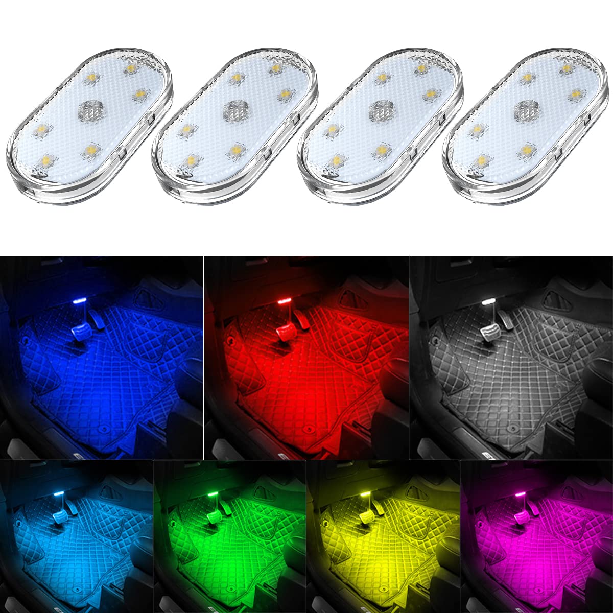 4Pcs Car LED Lights Interior Wireless, 7 Colors Interior Car - Product Imagery
