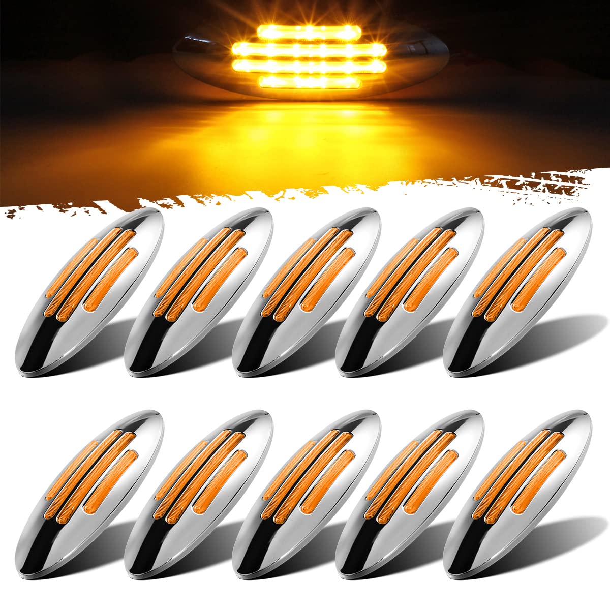 Partsam 10Pcs 6-3/5 Inch Flatline Oval Amber 18LED Side Marker - Product Imagery