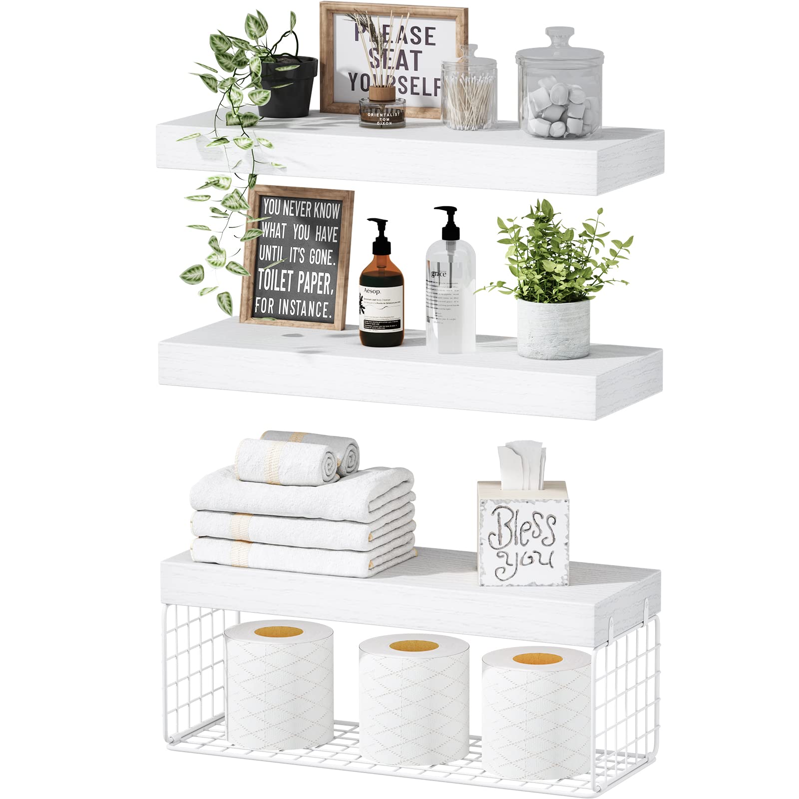 QEEIG Bathroom Shelves Over Toilet Wall Mounted (White, Set of - Product Imagery