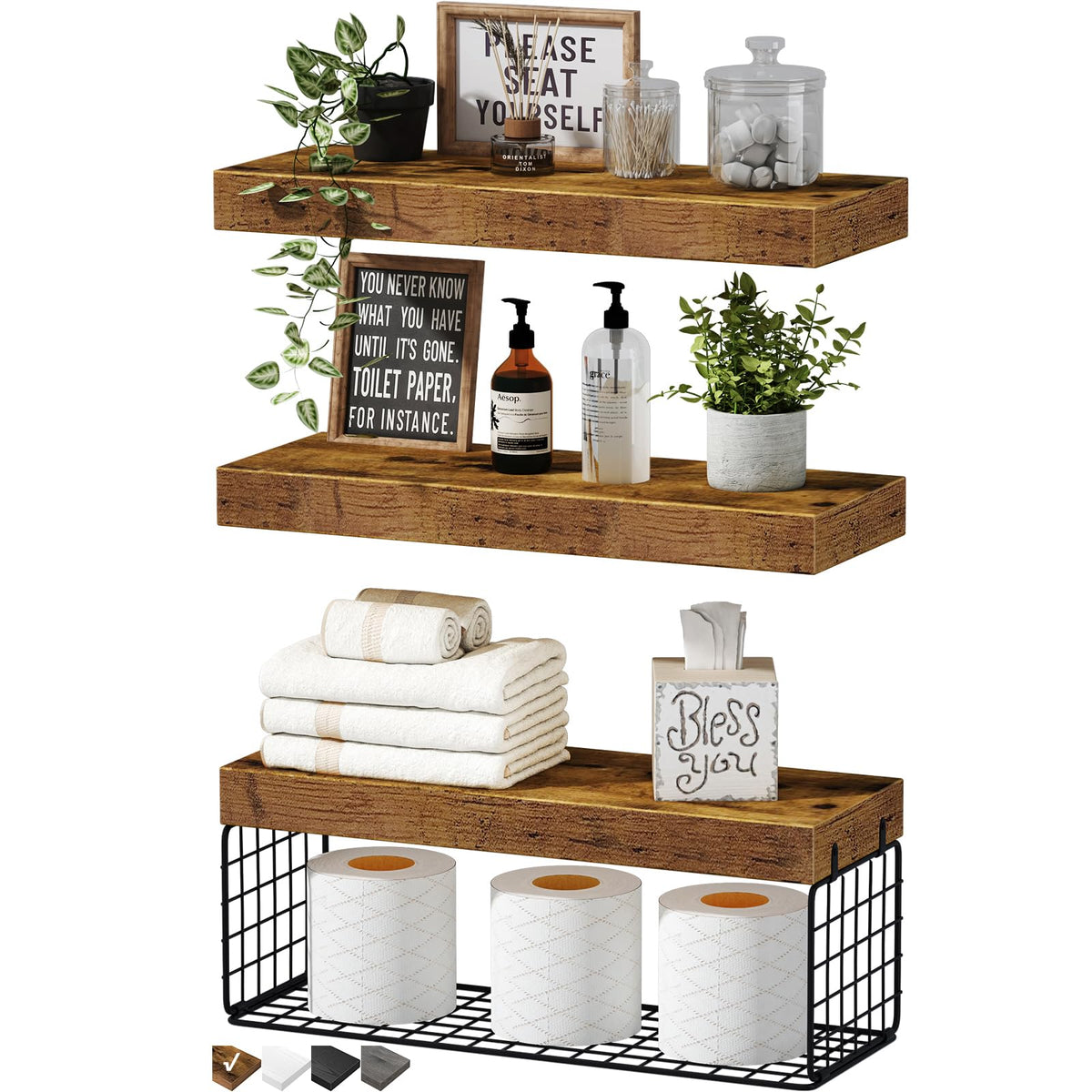QEEIG Bathroom Shelves Over Toilet Wall Mounted (Brown, Set of - Product Imagery
